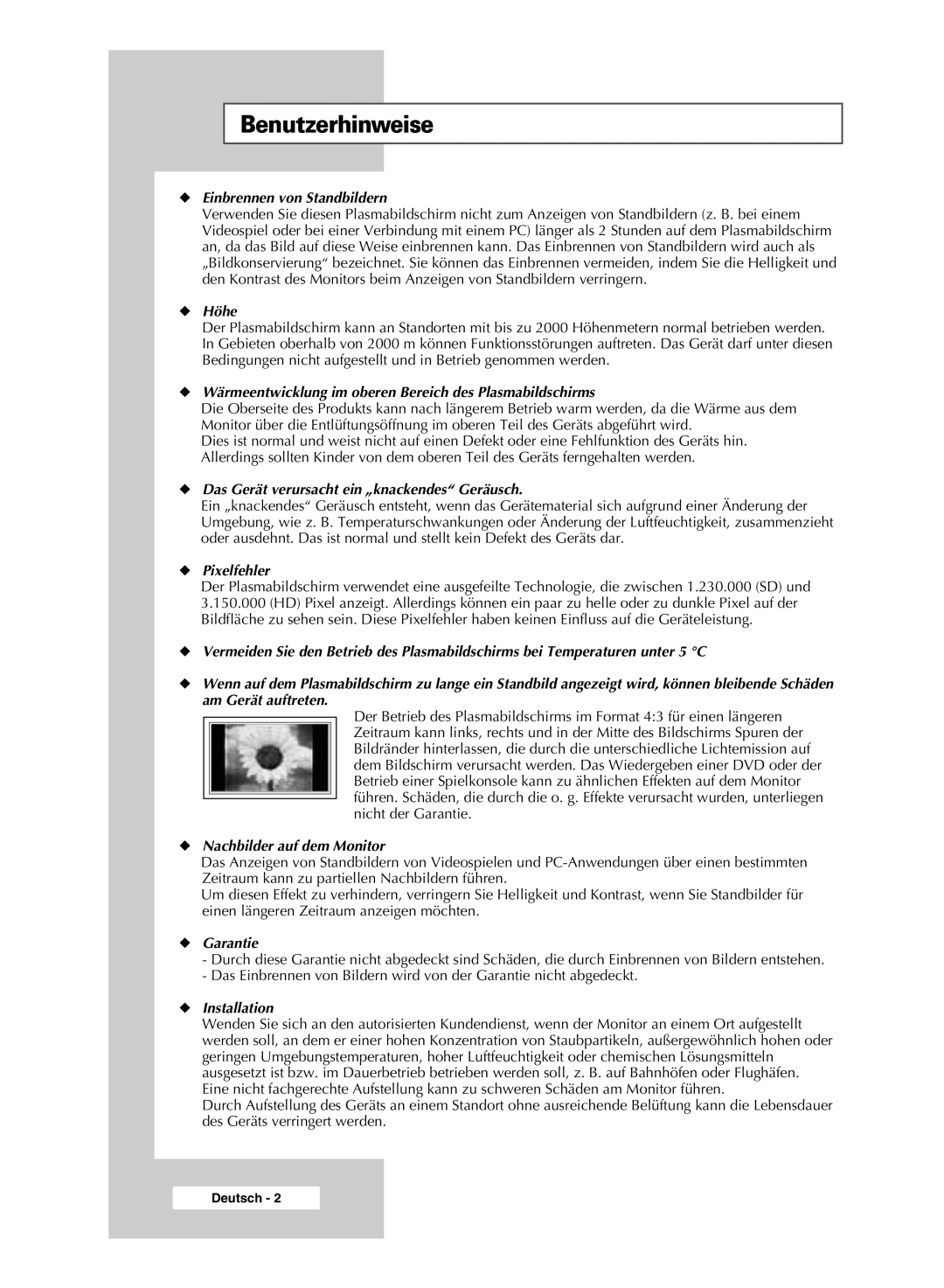 Samsung PPM42M6SSX/EDC manual Benutzerhinweise, Einbrennen von Standbildern 