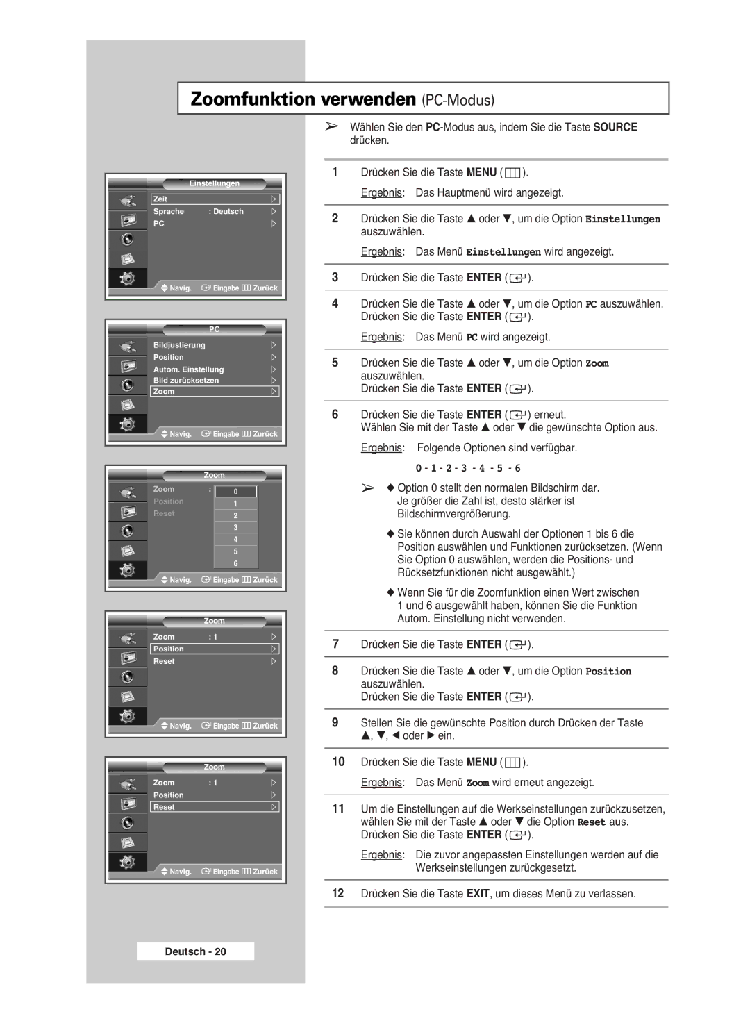 Samsung PPM42M6SSX/EDC manual Zoomfunktion verwenden PC-Modus, 2 3 4 5 