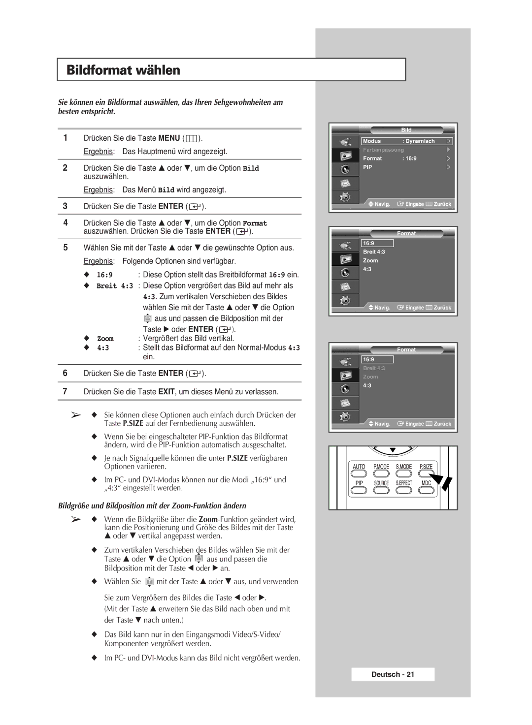 Samsung PPM42M6SSX/EDC manual Bildformat wählen, Taste √ oder Enter, Zoom, Vergrößert das Bild vertikal 