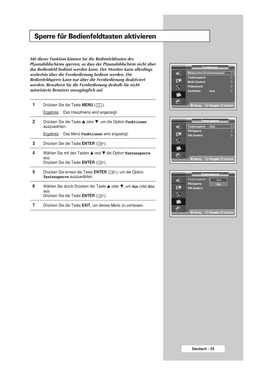 Samsung PPM42M6SSX/EDC manual Sperre für Bedienfeldtasten aktivieren, Tastensperre auszuwählen 