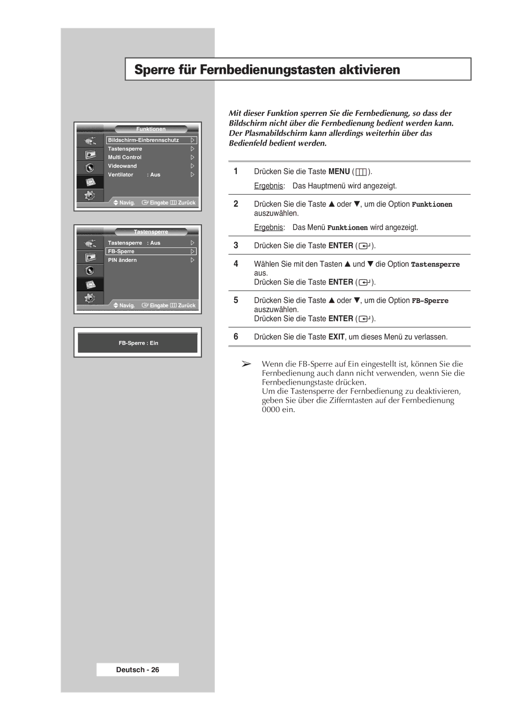 Samsung PPM42M6SSX/EDC manual Sperre für Fernbedienungstasten aktivieren 