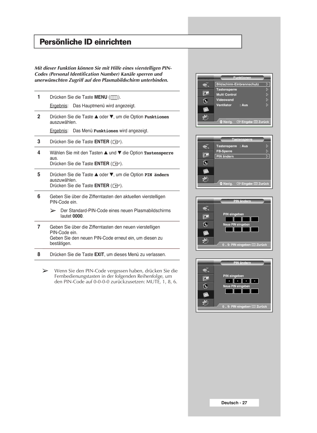 Samsung PPM42M6SSX/EDC manual Persönliche ID einrichten 