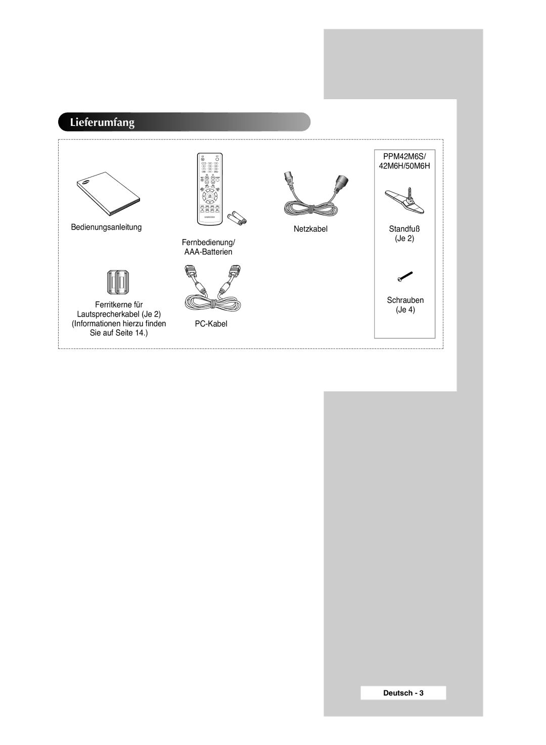Samsung PPM42M6SSX/EDC manual Lieferumfang, Bedienungsanleitung Netzkabel, PC-Kabel 