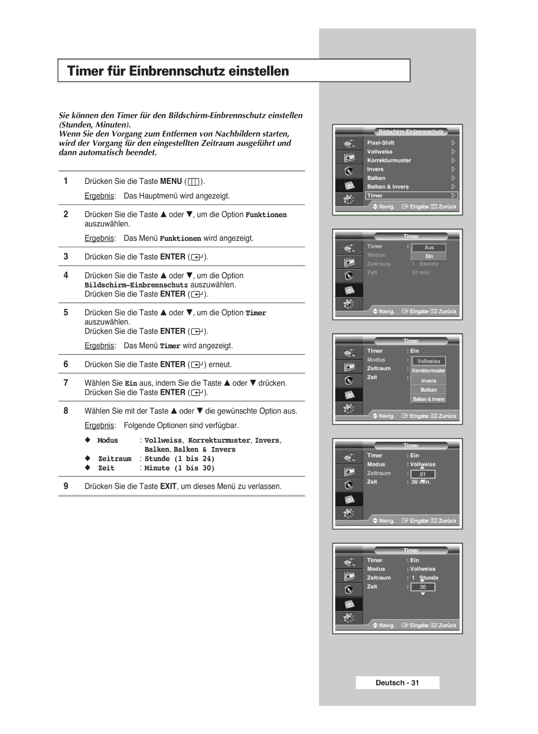 Samsung PPM42M6SSX/EDC manual Timer für Einbrennschutz einstellen 