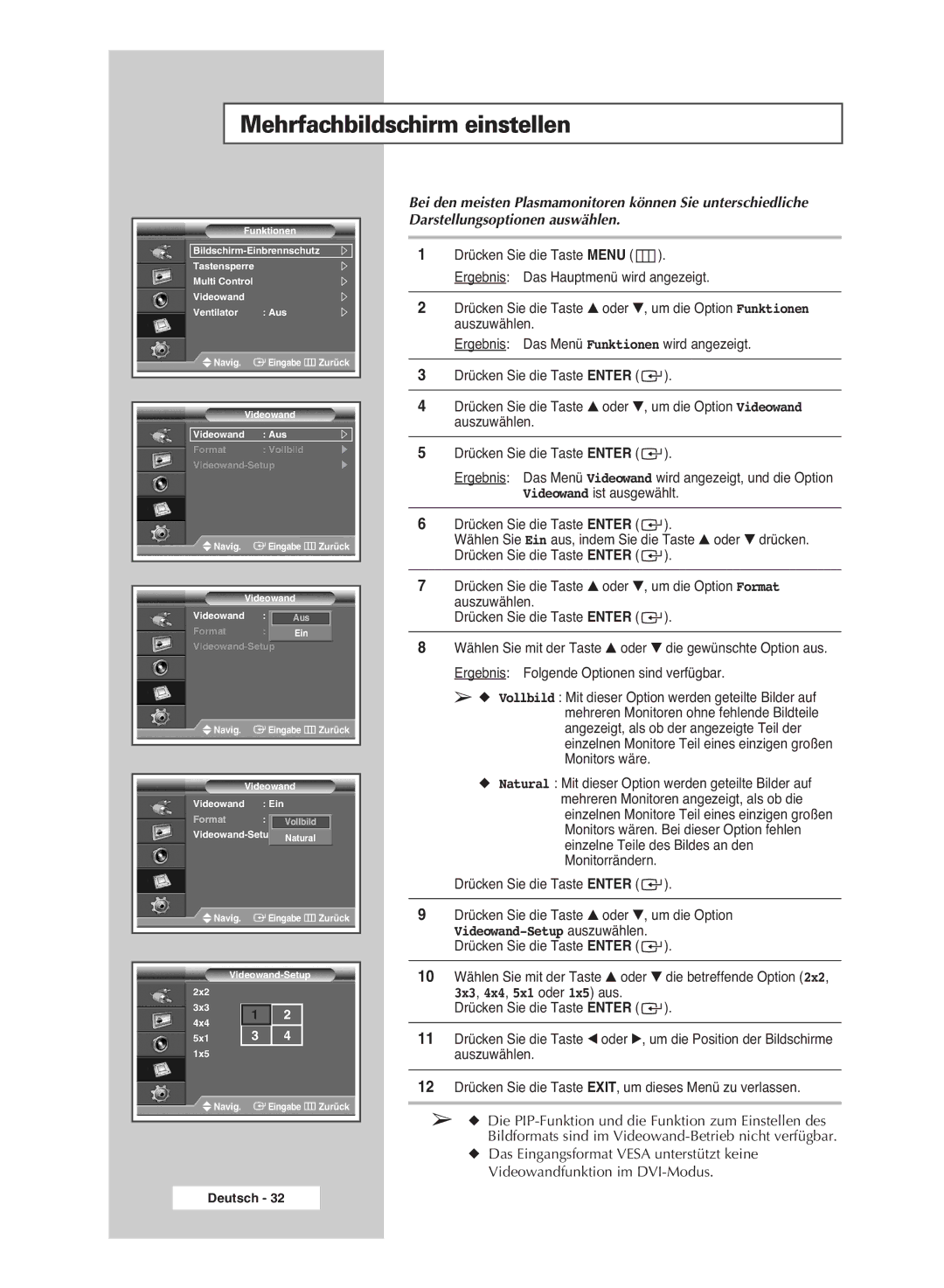 Samsung PPM42M6SSX/EDC manual Mehrfachbildschirm einstellen, 10 Wählen Sie mit der Taste oder die betreffende Option 