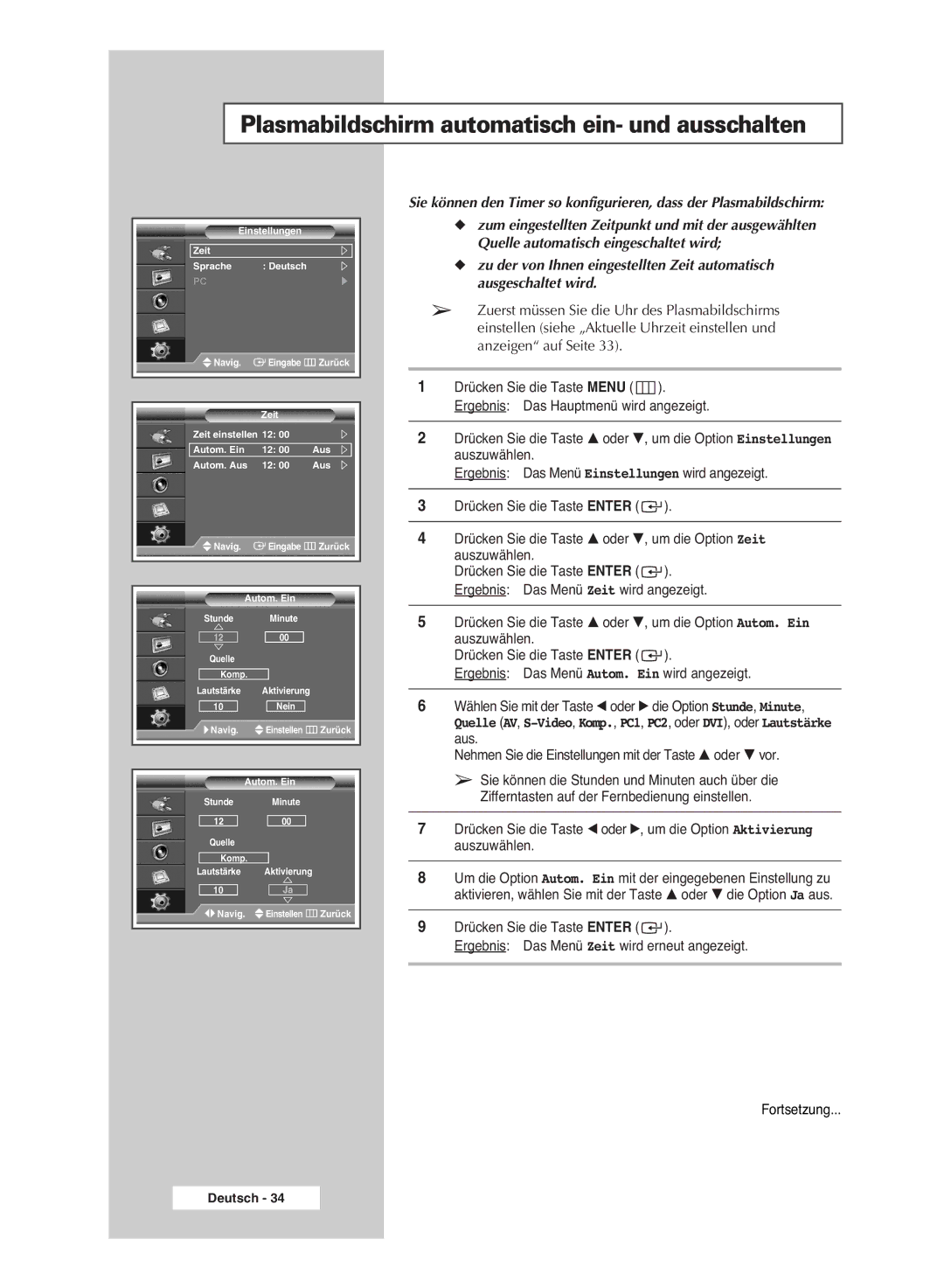 Samsung PPM42M6SSX/EDC manual Plasmabildschirm automatisch ein- und ausschalten 