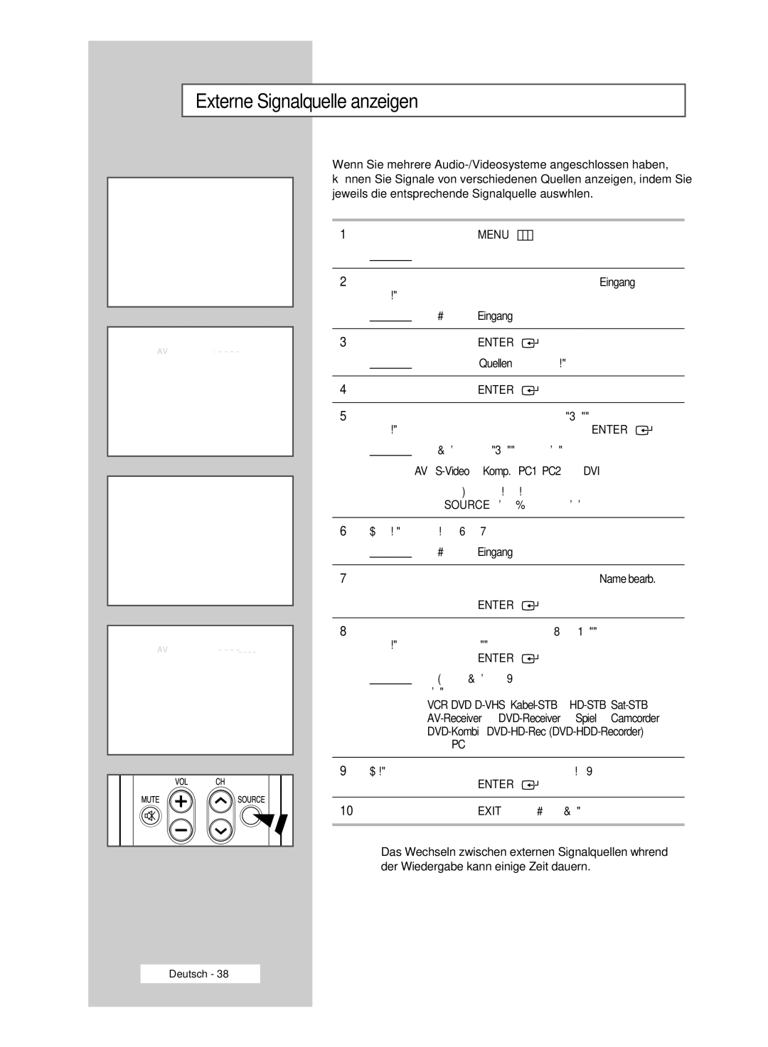 Samsung PPM42M6SSX/EDC manual Externe Signalquelle anzeigen, Ergebnis Die verfügbaren Signalquellen werden aufgelistet 