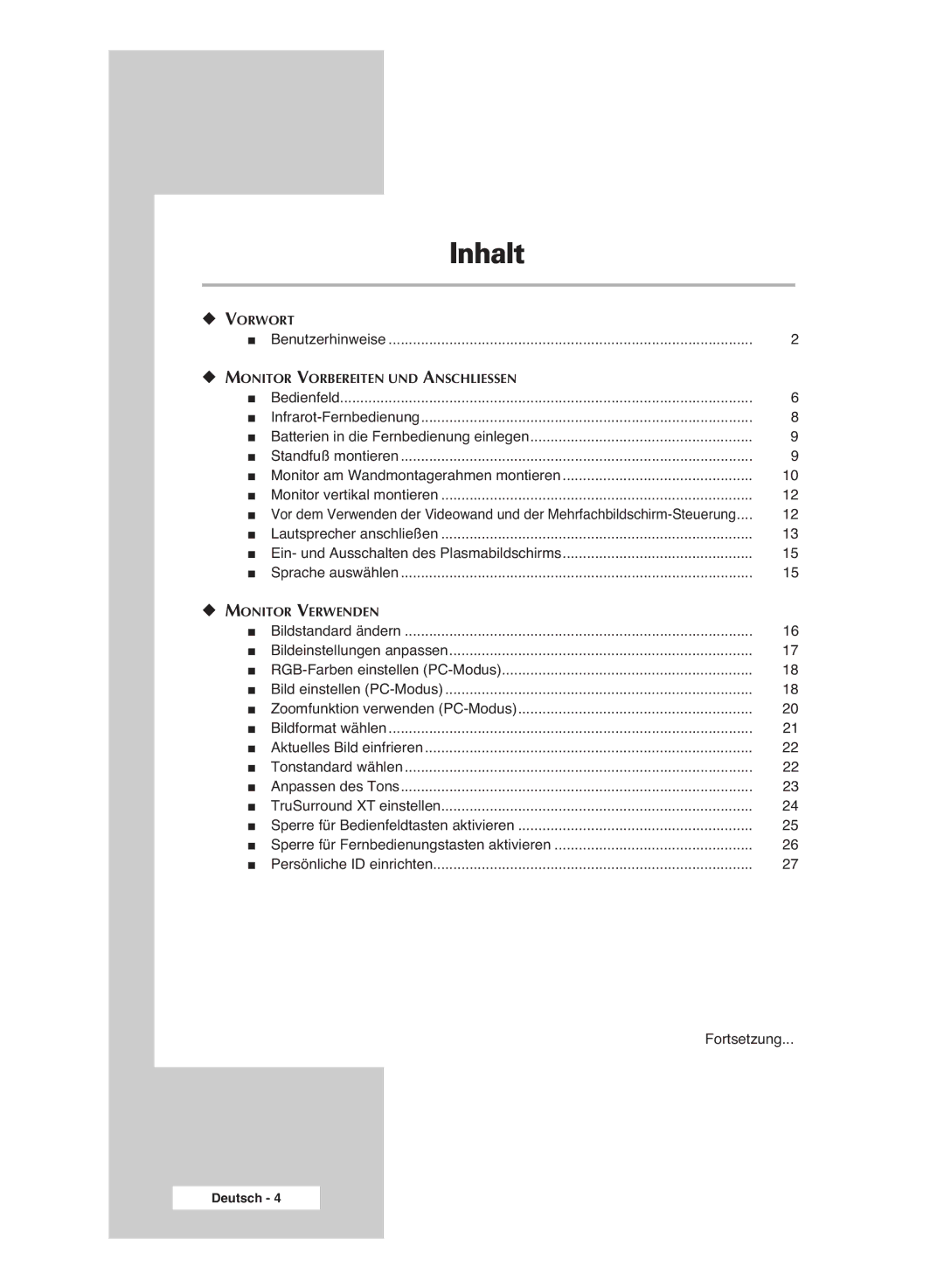 Samsung PPM42M6SSX/EDC manual Inhalt, Benutzerhinweise 