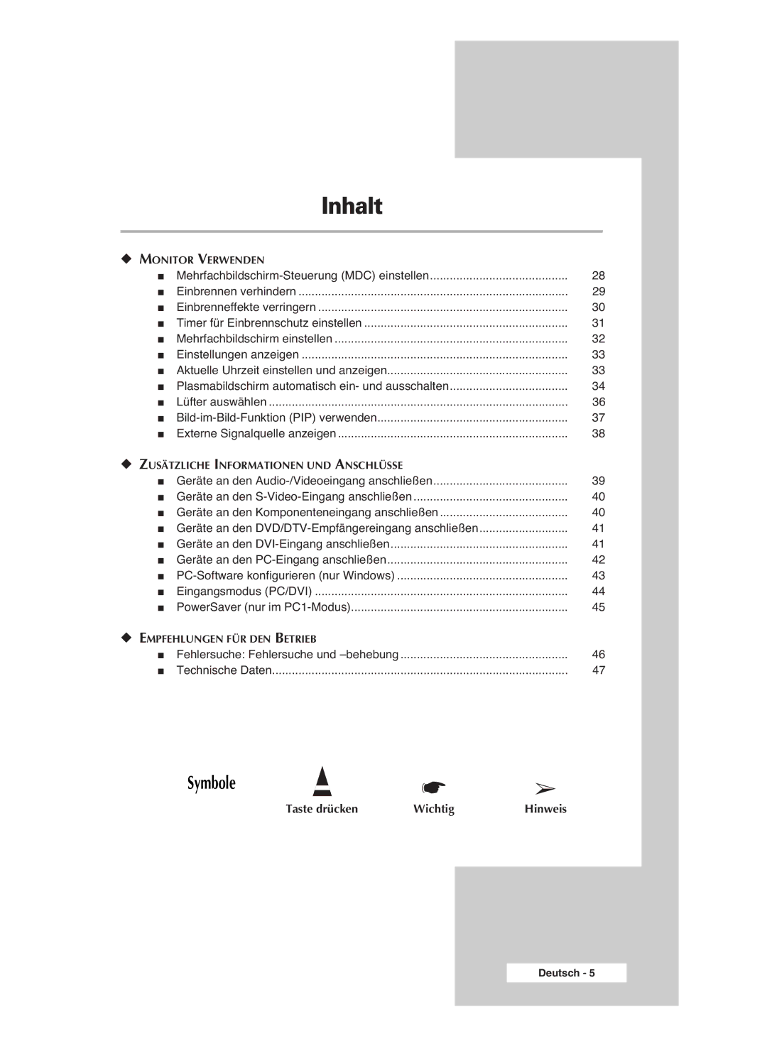 Samsung PPM42M6SSX/EDC manual Fehlersuche Fehlersuche und -behebung Technische Daten 