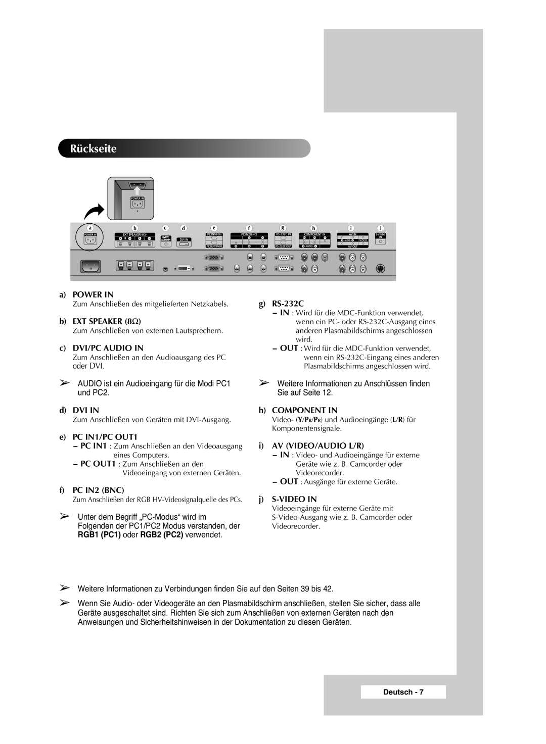 Samsung PPM42M6SSX/EDC manual Rückseite, Audio ist ein Audioeingang für die Modi PC1 und PC2 