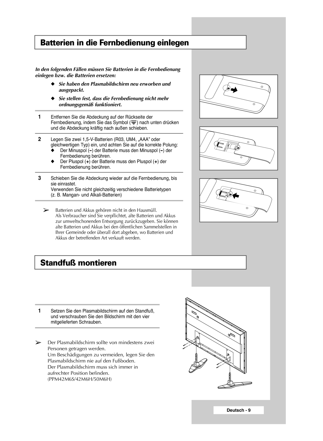 Samsung PPM42M6SSX/EDC manual Batterien in die Fernbedienung einlegen, Standfuß montieren 