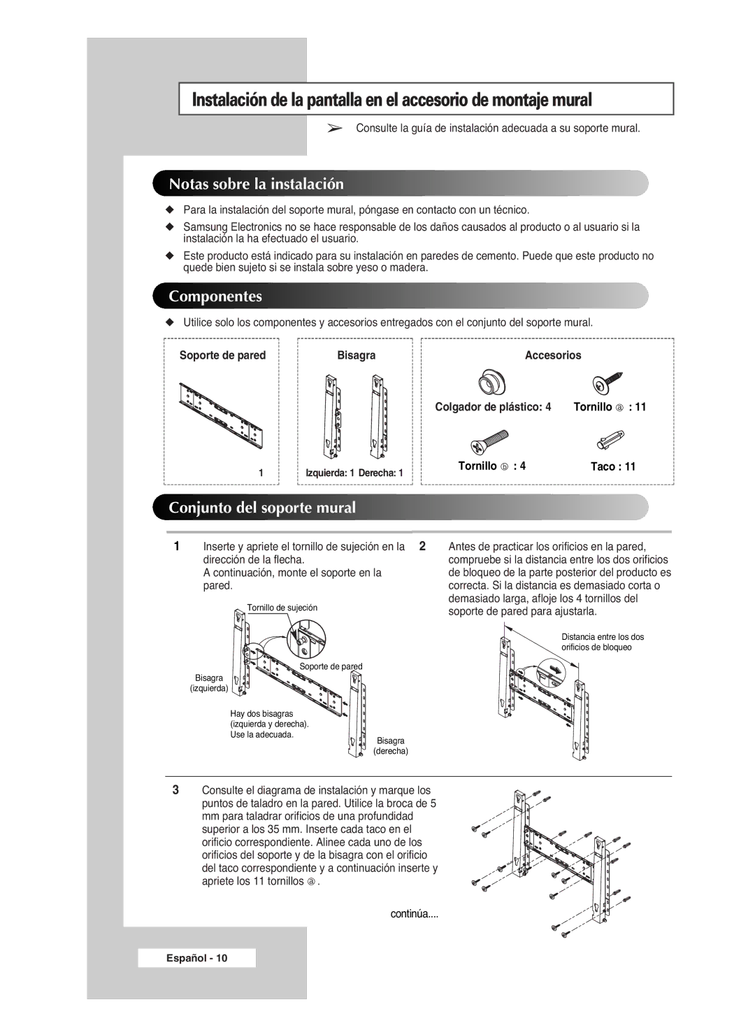 Samsung PPM42M6SSX/EDC manual Notas sobre la instalació n, Componentes, Conjunto del soporte mural 