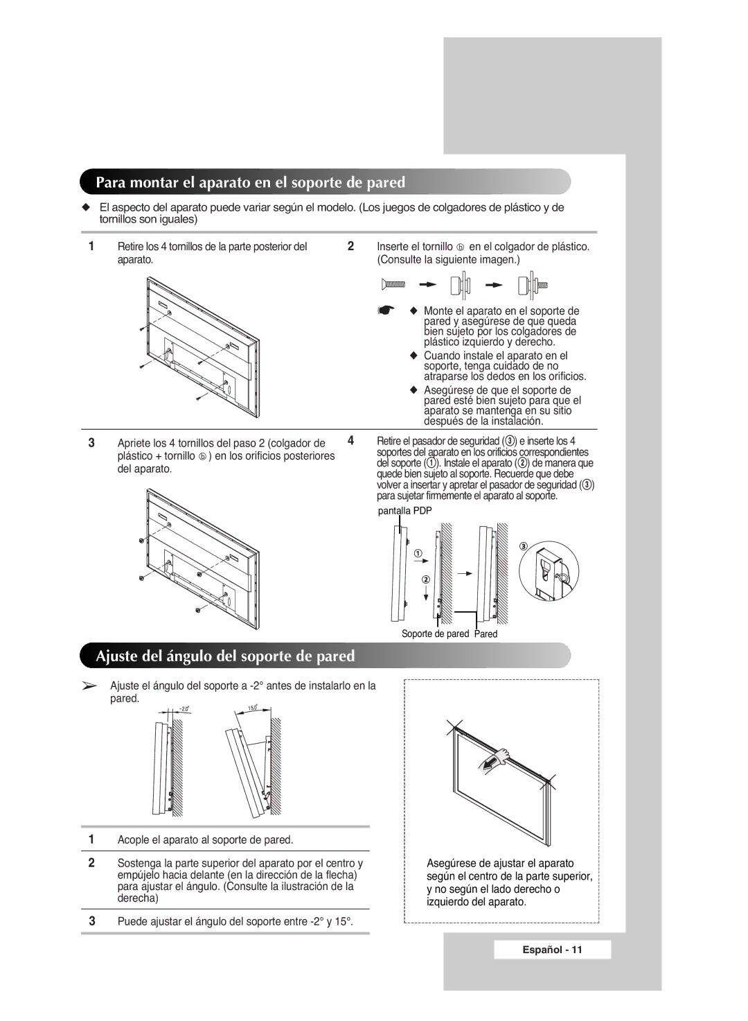 Samsung PPM42M6SSX/EDC manual Para montar el aparato en el soporte de pared, Ajuste del ángulo del soporte de pared 