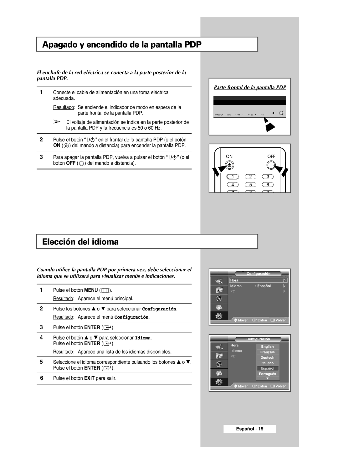 Samsung PPM42M6SSX/EDC manual Apagado y encendido de la pantalla PDP, Elección del idioma 