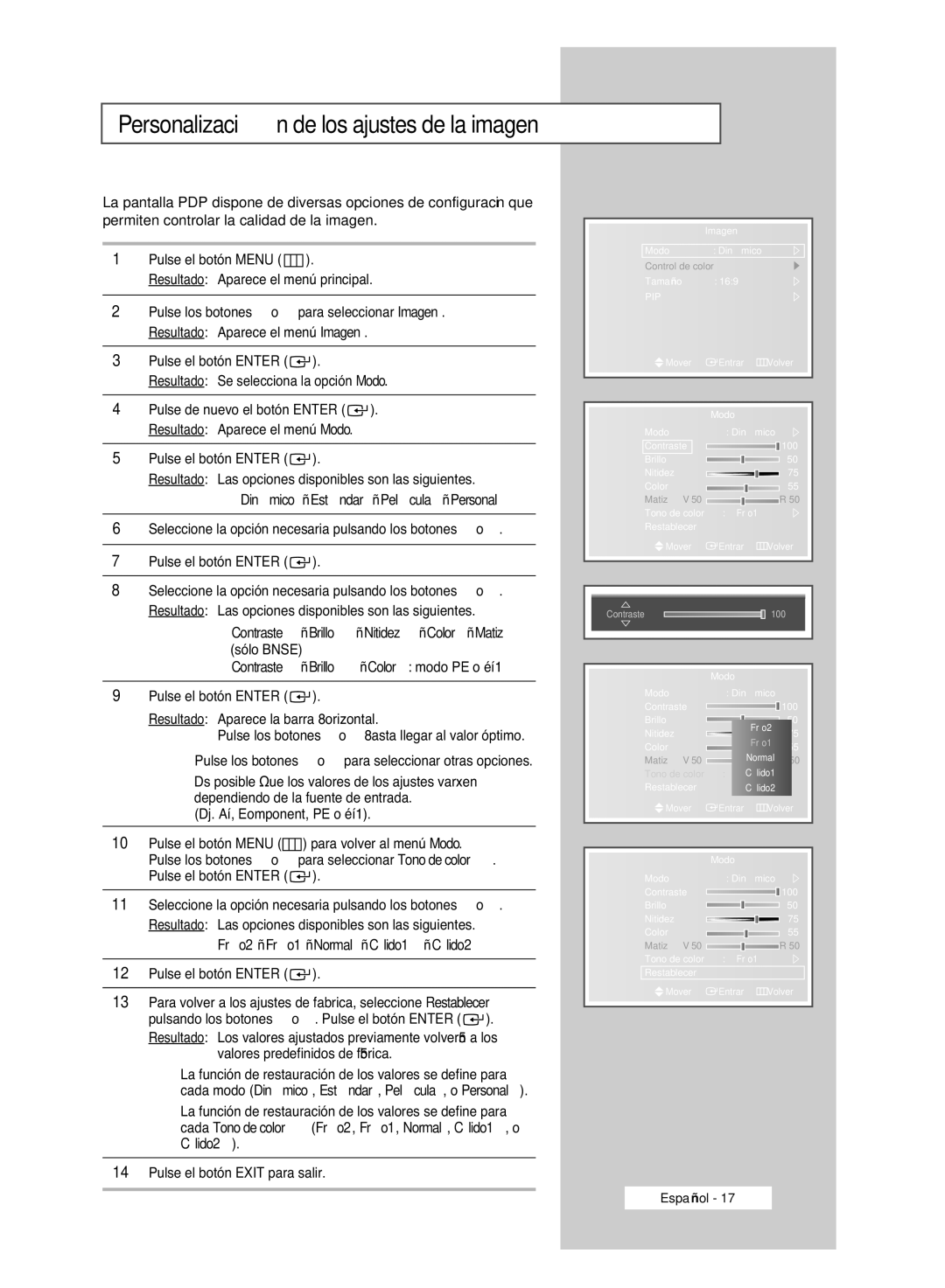 Samsung PPM42M6SSX/EDC manual Personalización de los ajustes de la imagen, Contraste Brillo Nitidez Color Matiz 