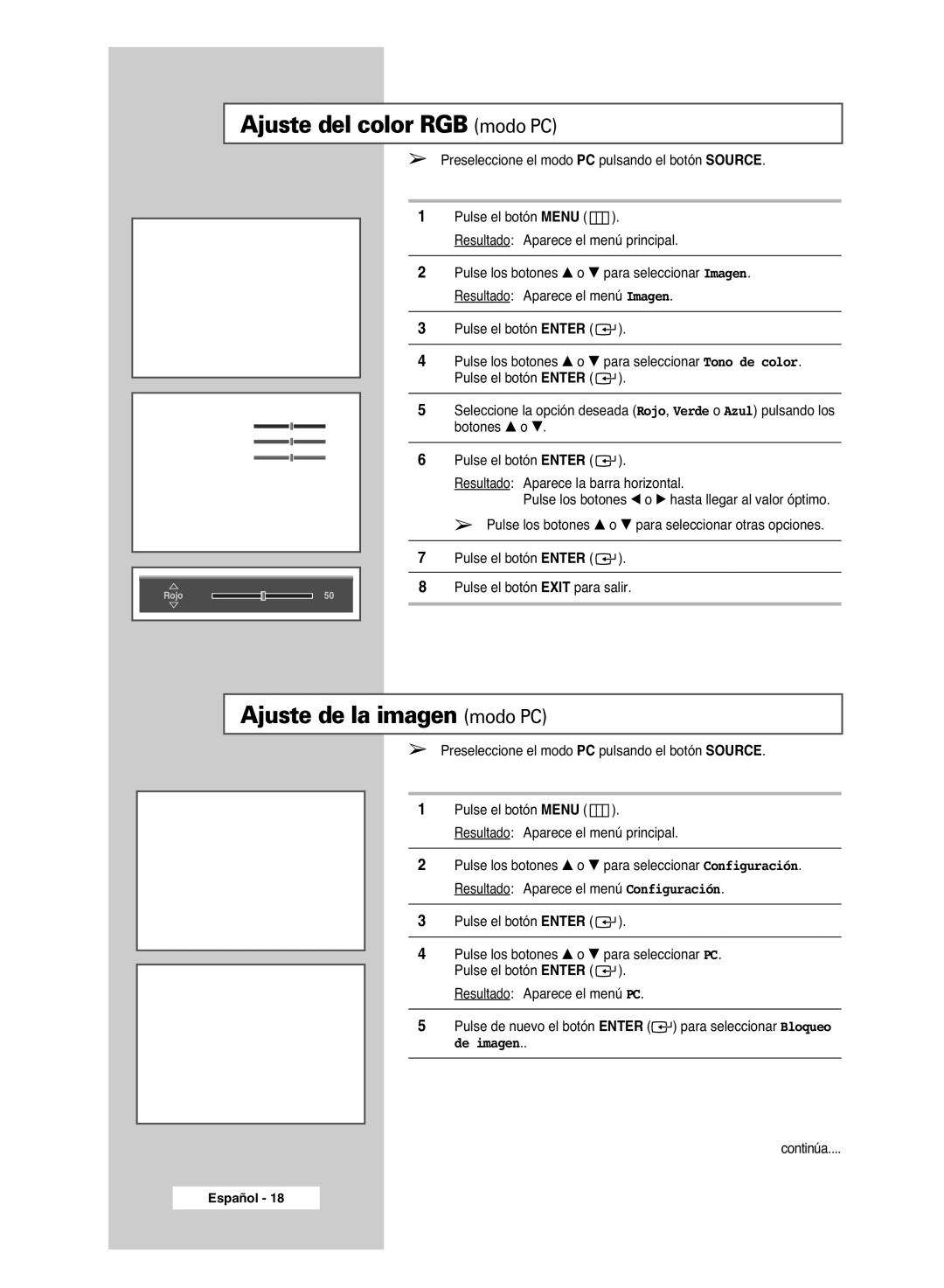 Samsung PPM42M6SSX/EDC manual Ajuste del color RGB modo PC, Ajuste de la imagen modo PC 