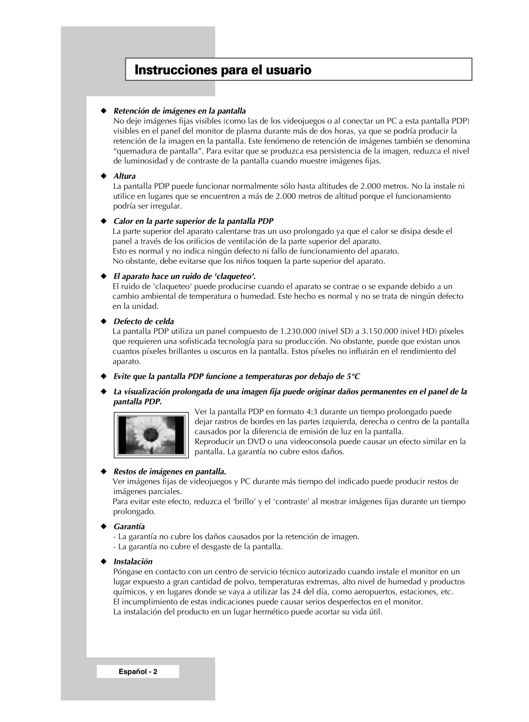 Samsung PPM42M6SSX/EDC manual Instrucciones para el usuario, Retención de imágenes en la pantalla 