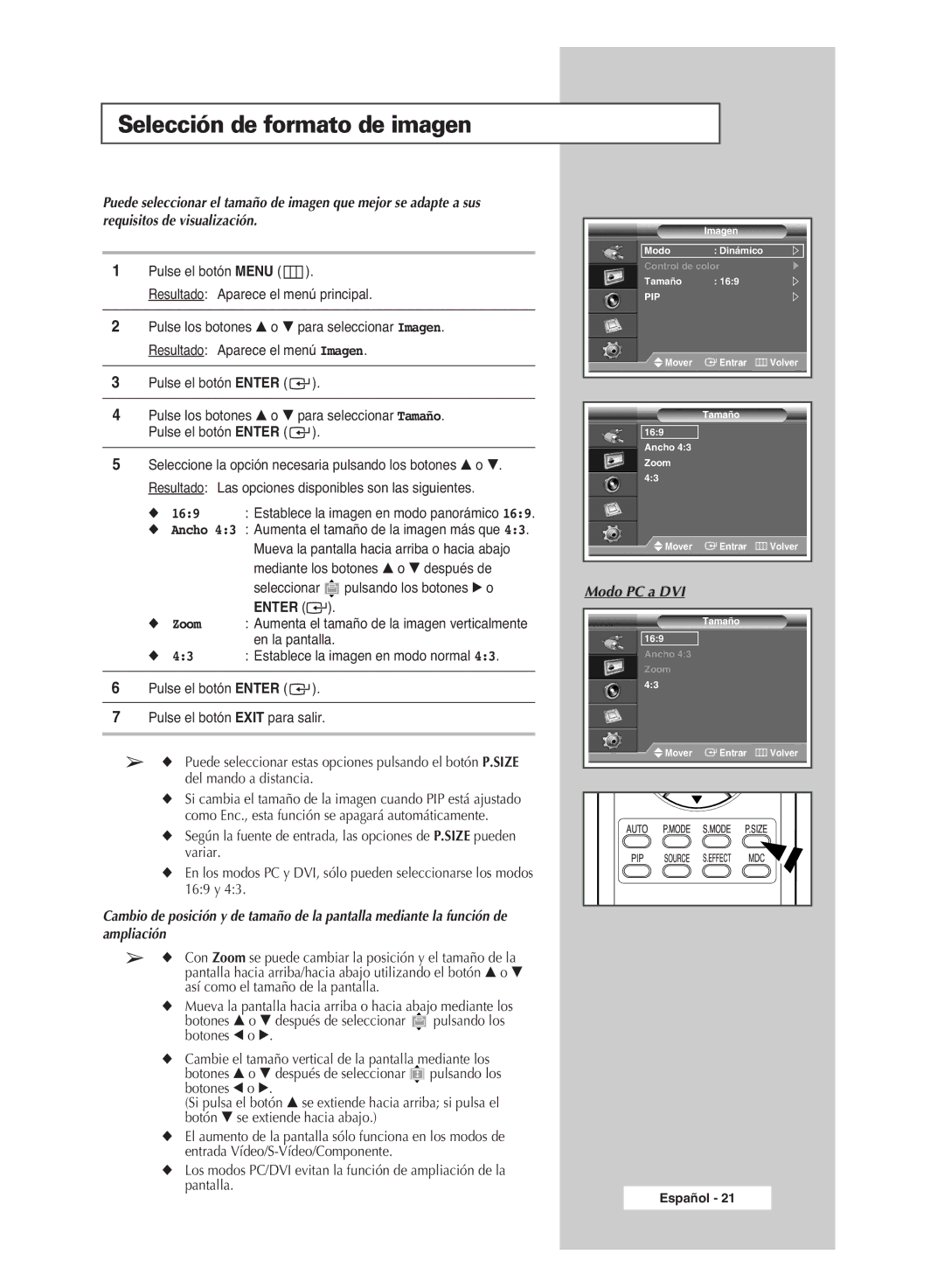 Samsung PPM42M6SSX/EDC manual Selección de formato de imagen, Enter 