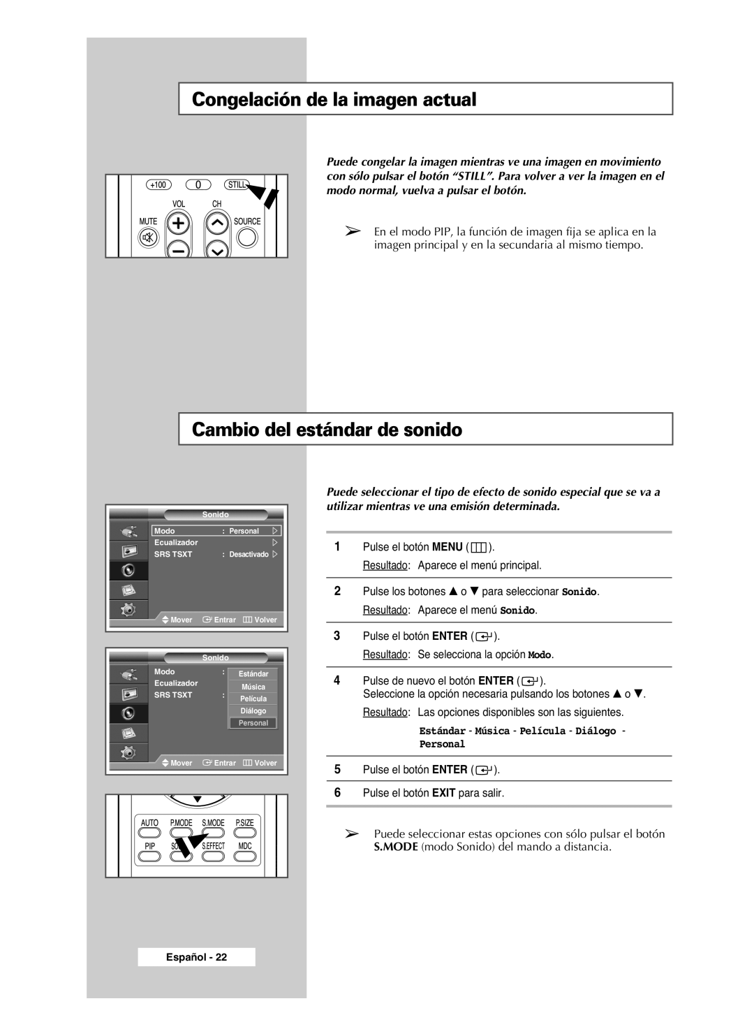 Samsung PPM42M6SSX/EDC manual Congelación de la imagen actual, Cambio del estándar de sonido 