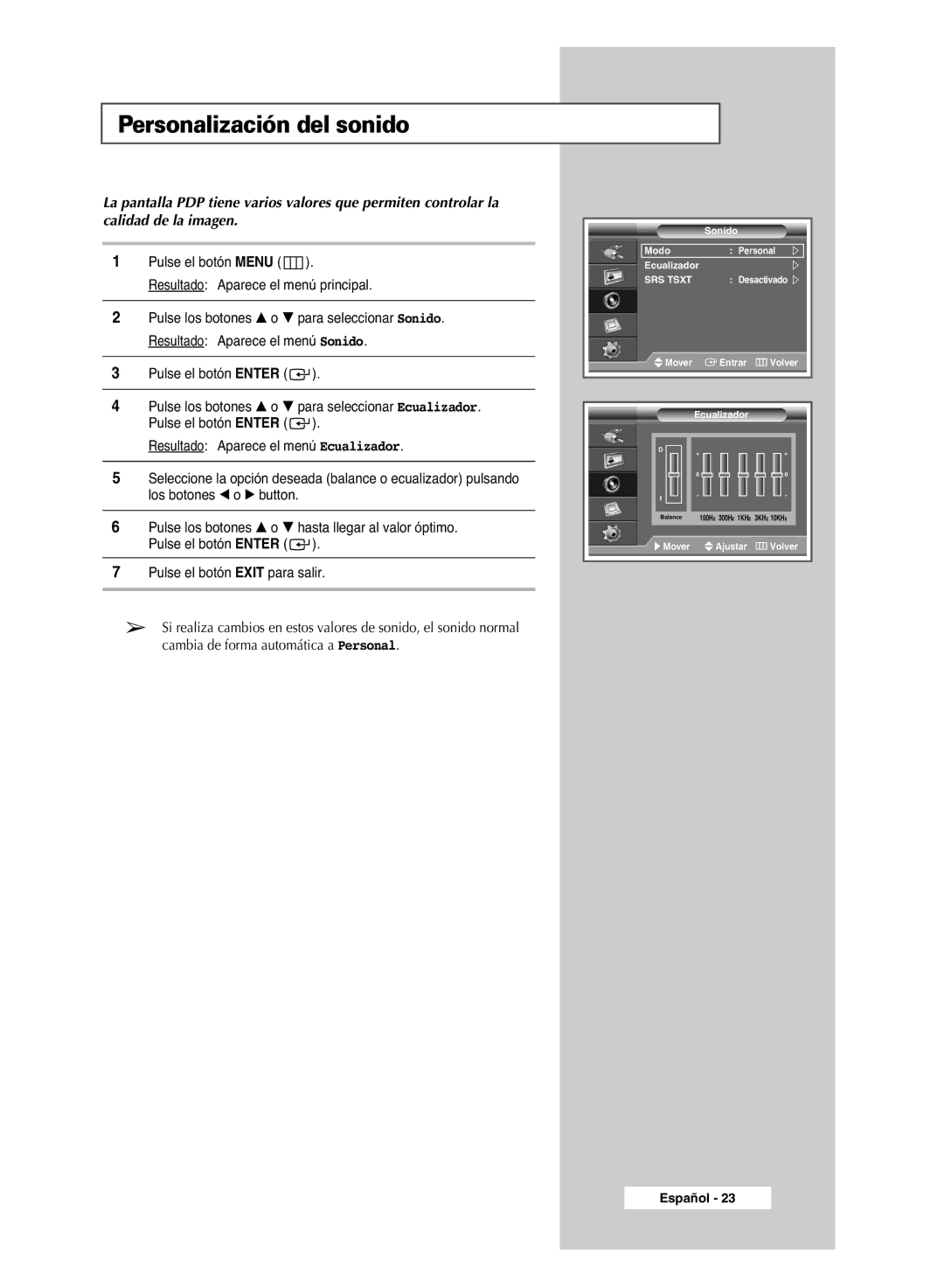 Samsung PPM42M6SSX/EDC manual Personalización del sonido 