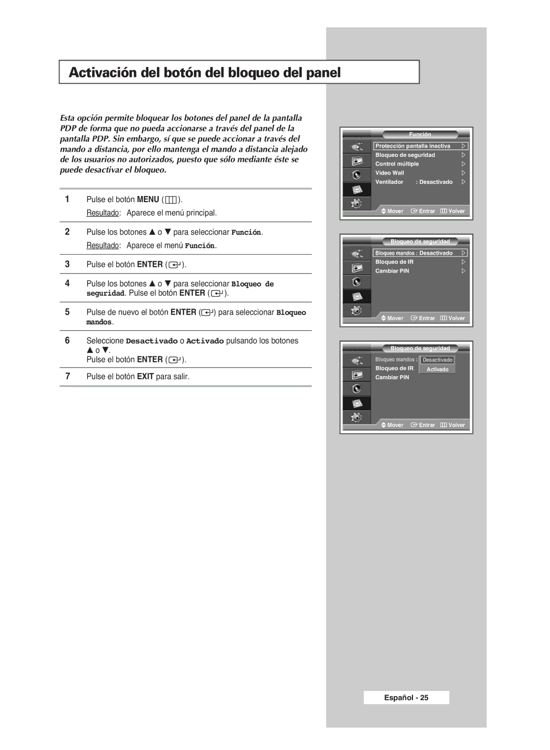 Samsung PPM42M6SSX/EDC manual Activación del botón del bloqueo del panel 