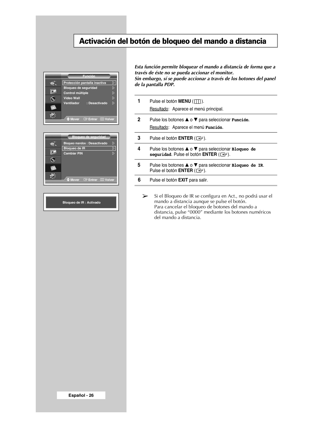 Samsung PPM42M6SSX/EDC manual Activación del botón de bloqueo del mando a distancia 