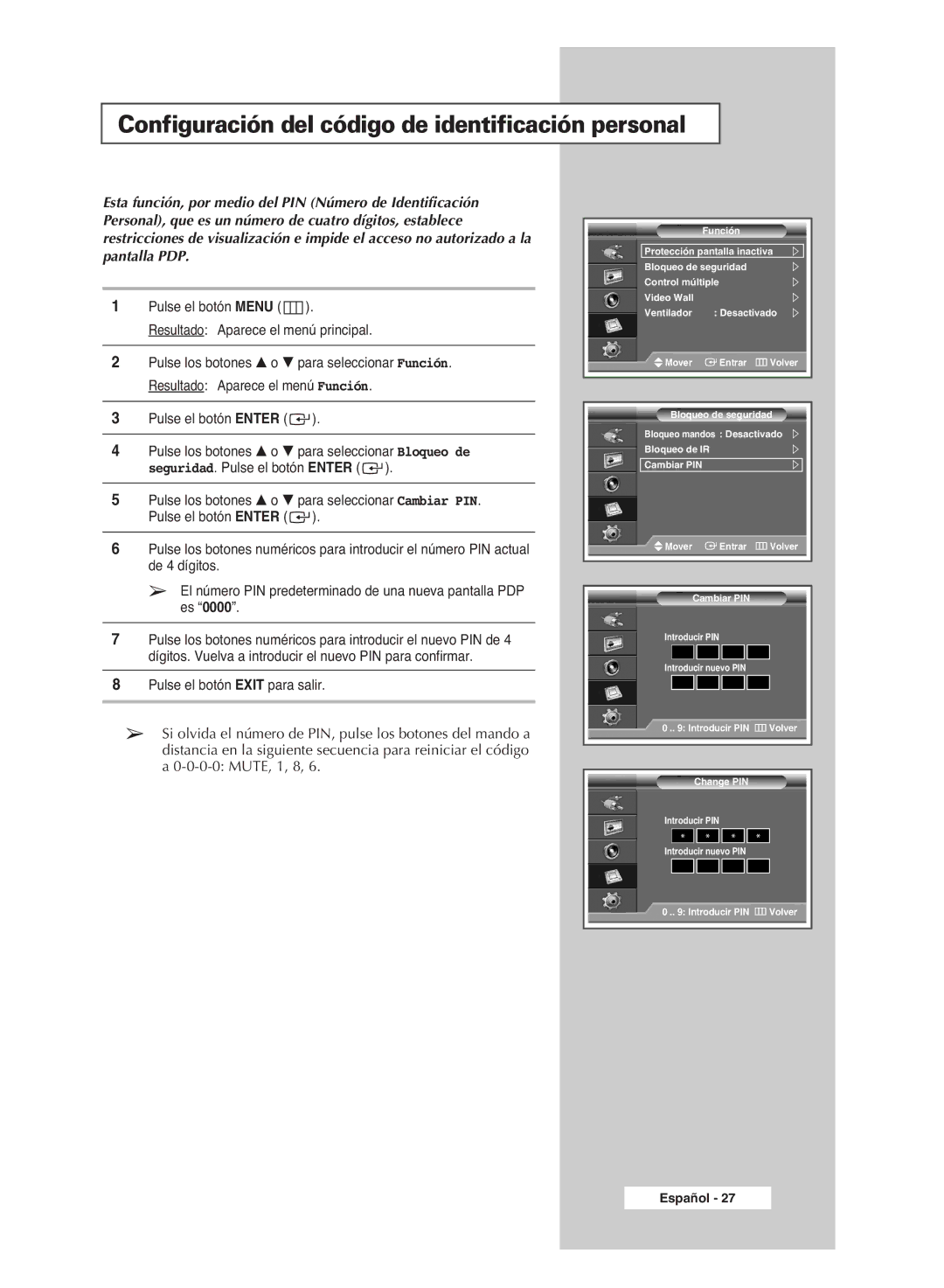 Samsung PPM42M6SSX/EDC manual Configuración del código de identificación personal 