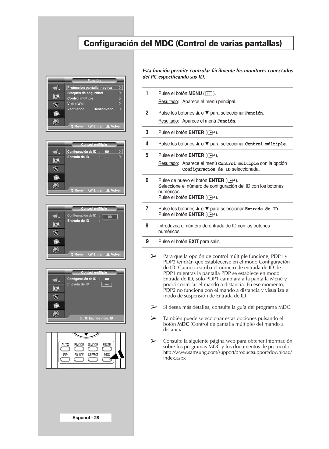 Samsung PPM42M6SSX/EDC manual Configuración del MDC Control de varias pantallas, Configuración de ID seleccionada 