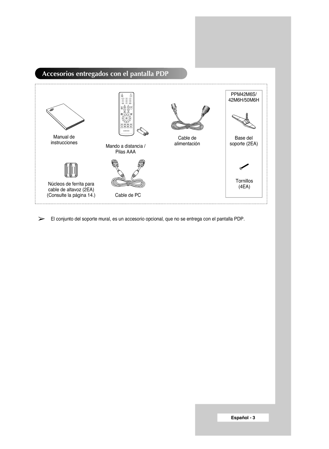 Samsung PPM42M6SSX/EDC manual Accesorios entregados con el pantalla PDP 