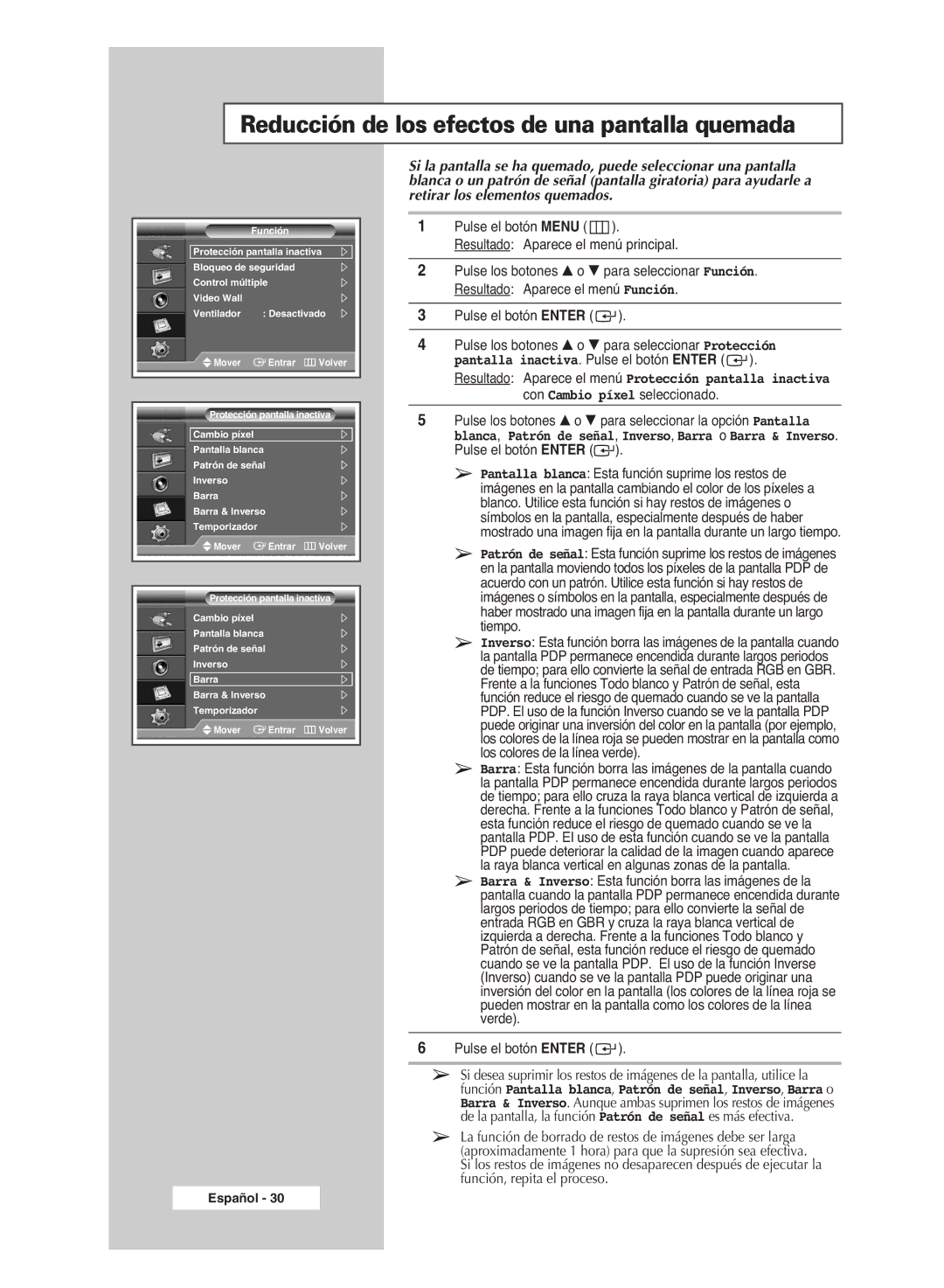 Samsung PPM42M6SSX/EDC manual Reducción de los efectos de una pantalla quemada 