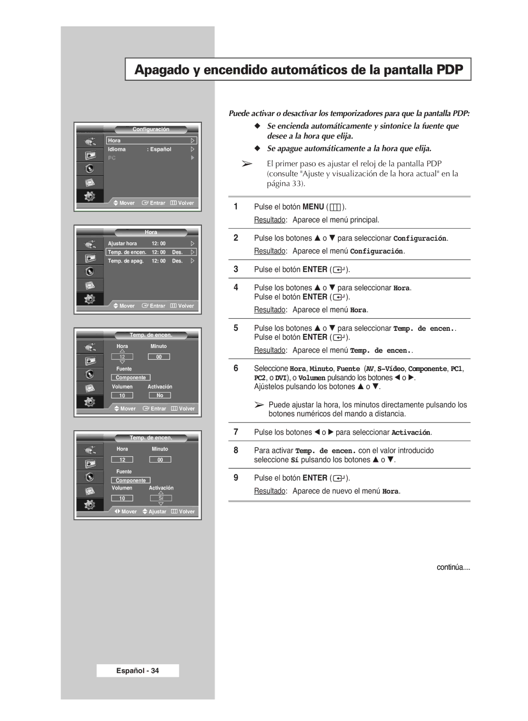 Samsung PPM42M6SSX/EDC manual Apagado y encendido automáticos de la pantalla PDP 