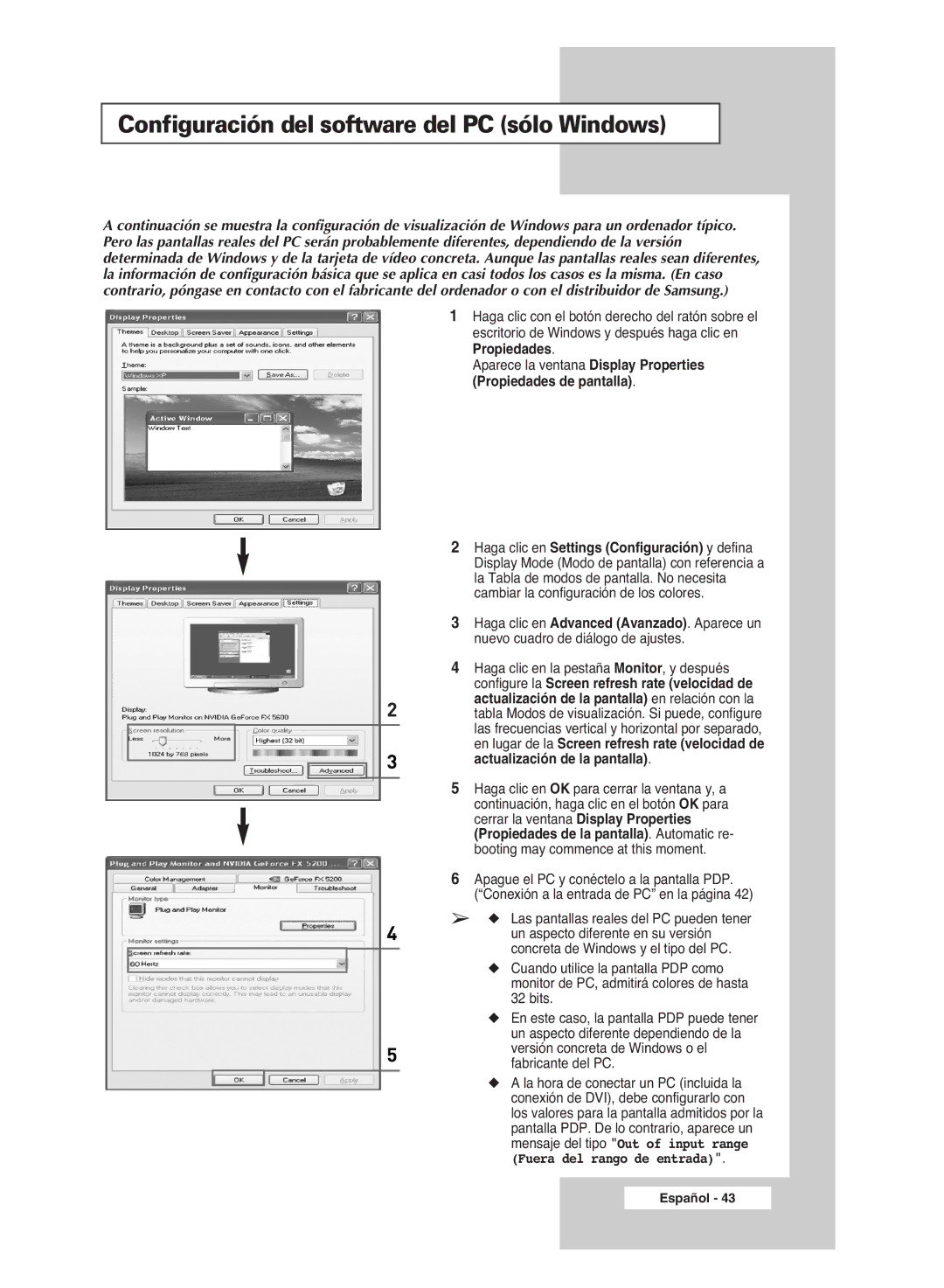 Samsung PPM42M6SSX/EDC manual Configuración del software del PC sólo Windows 