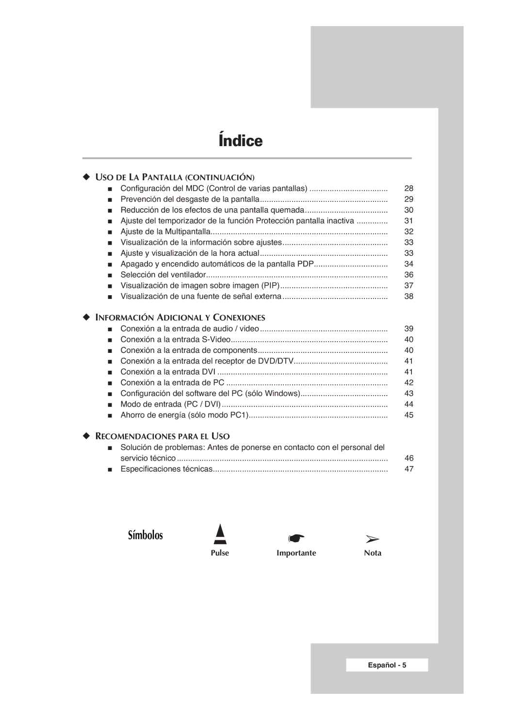 Samsung PPM42M6SSX/EDC manual Símbolos 