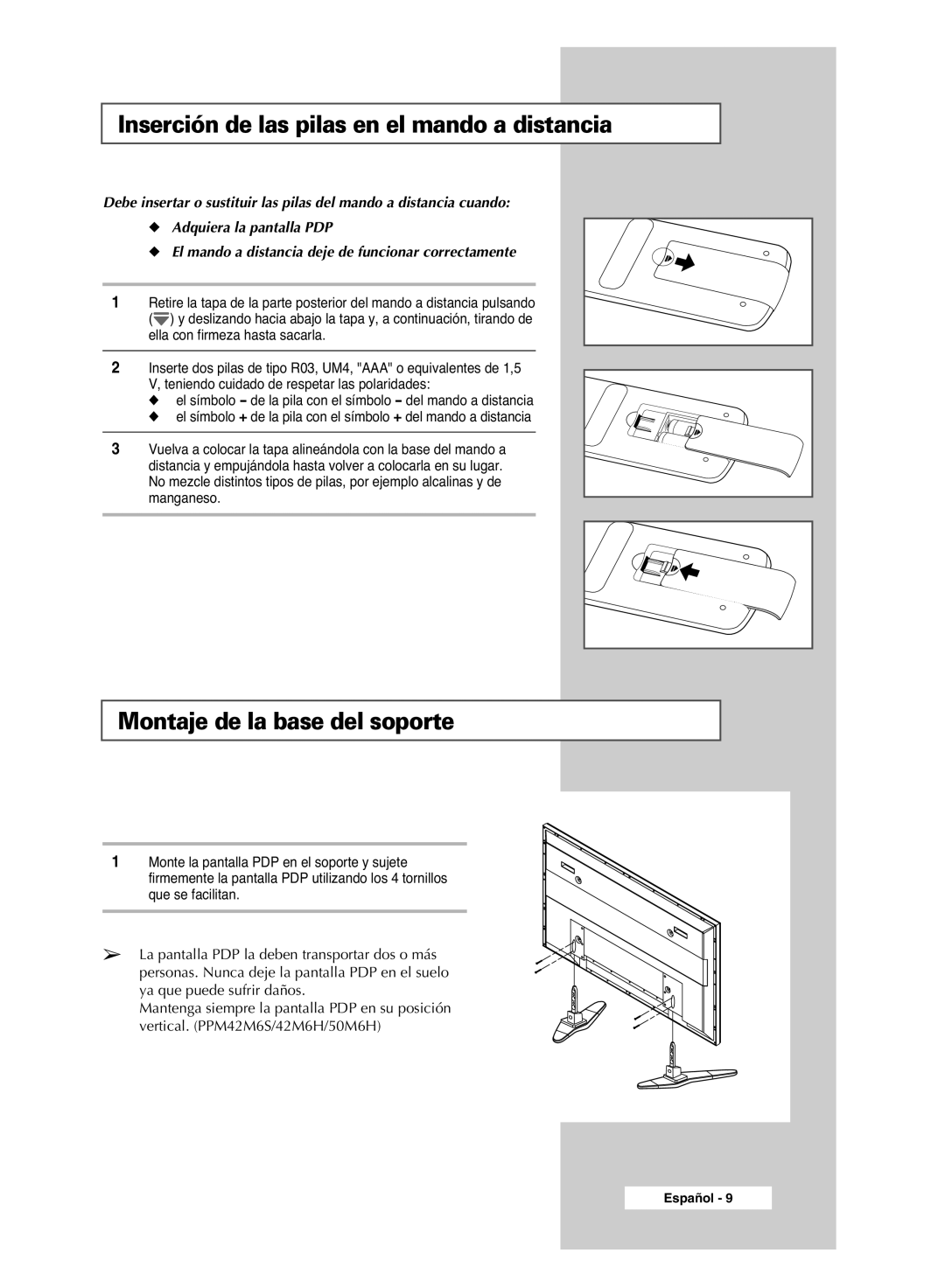 Samsung PPM42M6SSX/EDC manual Inserción de las pilas en el mando a distancia, Montaje de la base del soporte 