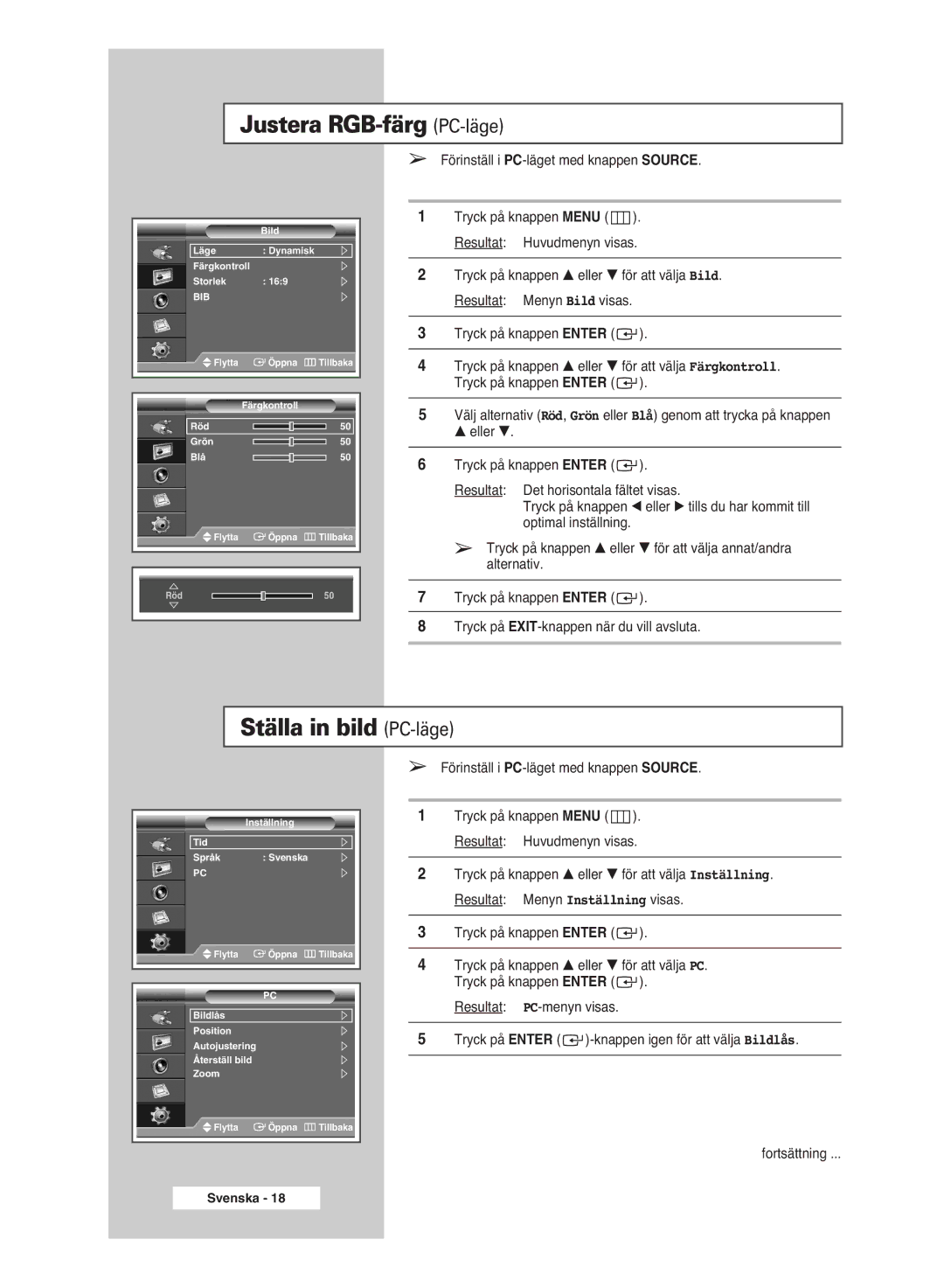 Samsung PPM42M6SSX/EDC manual Justera RGB-färg PC-läge, Ställa in bild PC-läge 