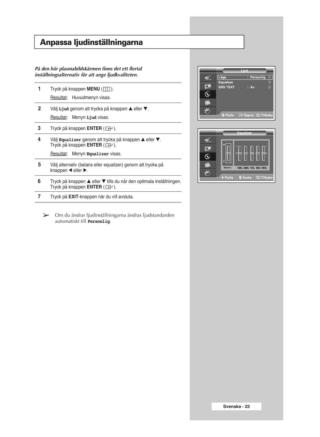 Samsung PPM42M6SSX/EDC manual Anpassa ljudinställningarna 