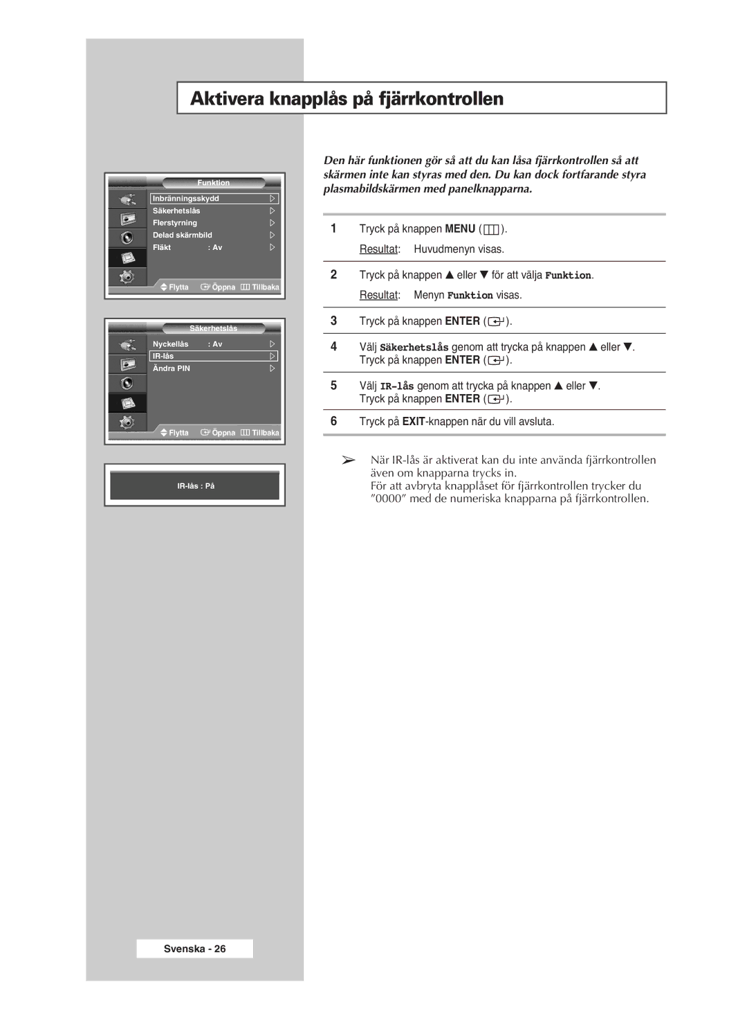 Samsung PPM42M6SSX/EDC manual Aktivera knapplås på fjärrkontrollen 