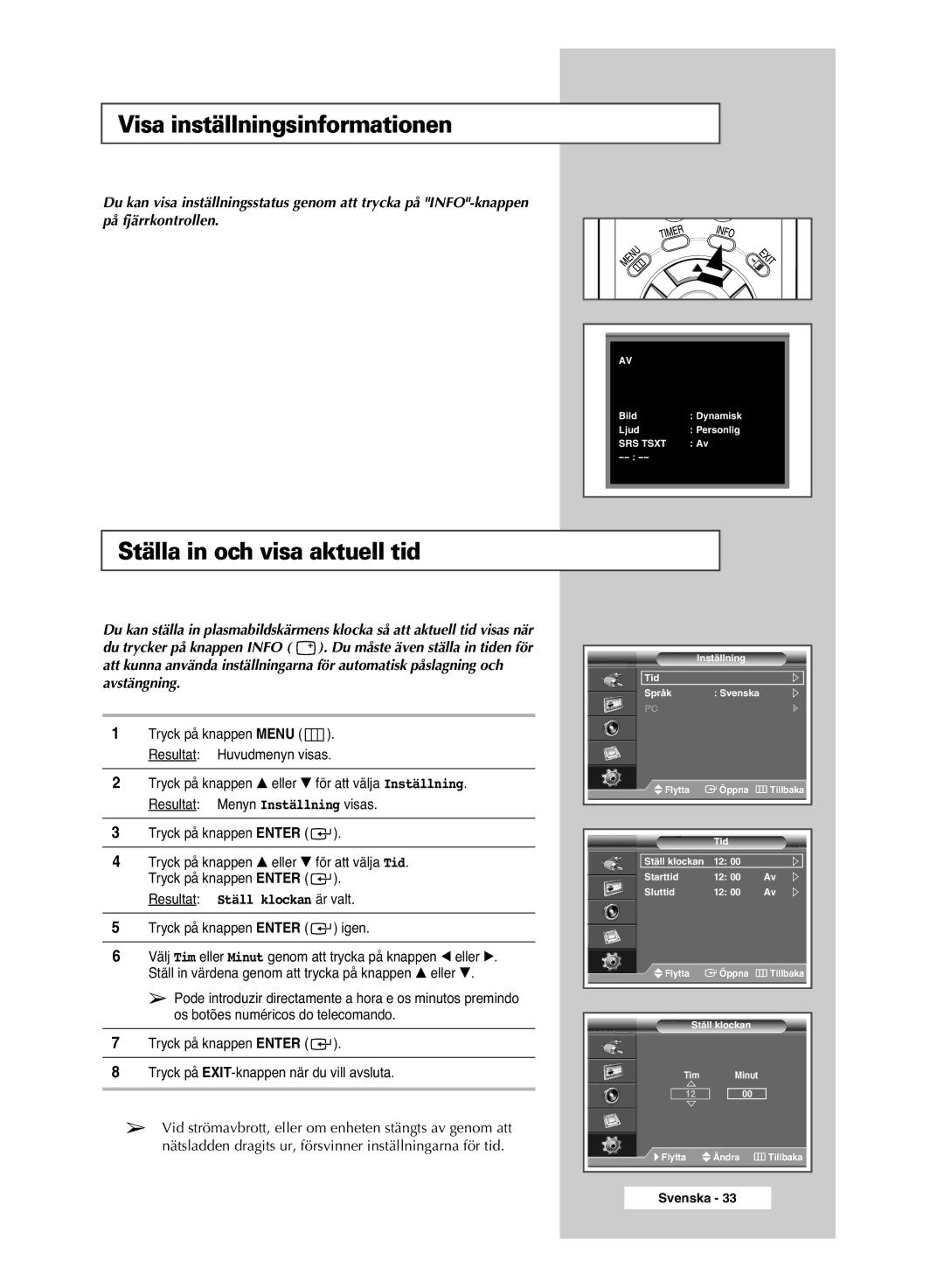 Samsung PPM42M6SSX/EDC Visa inställningsinformationen, Ställa in och visa aktuell tid, Resultat Ställ klockan är valt 