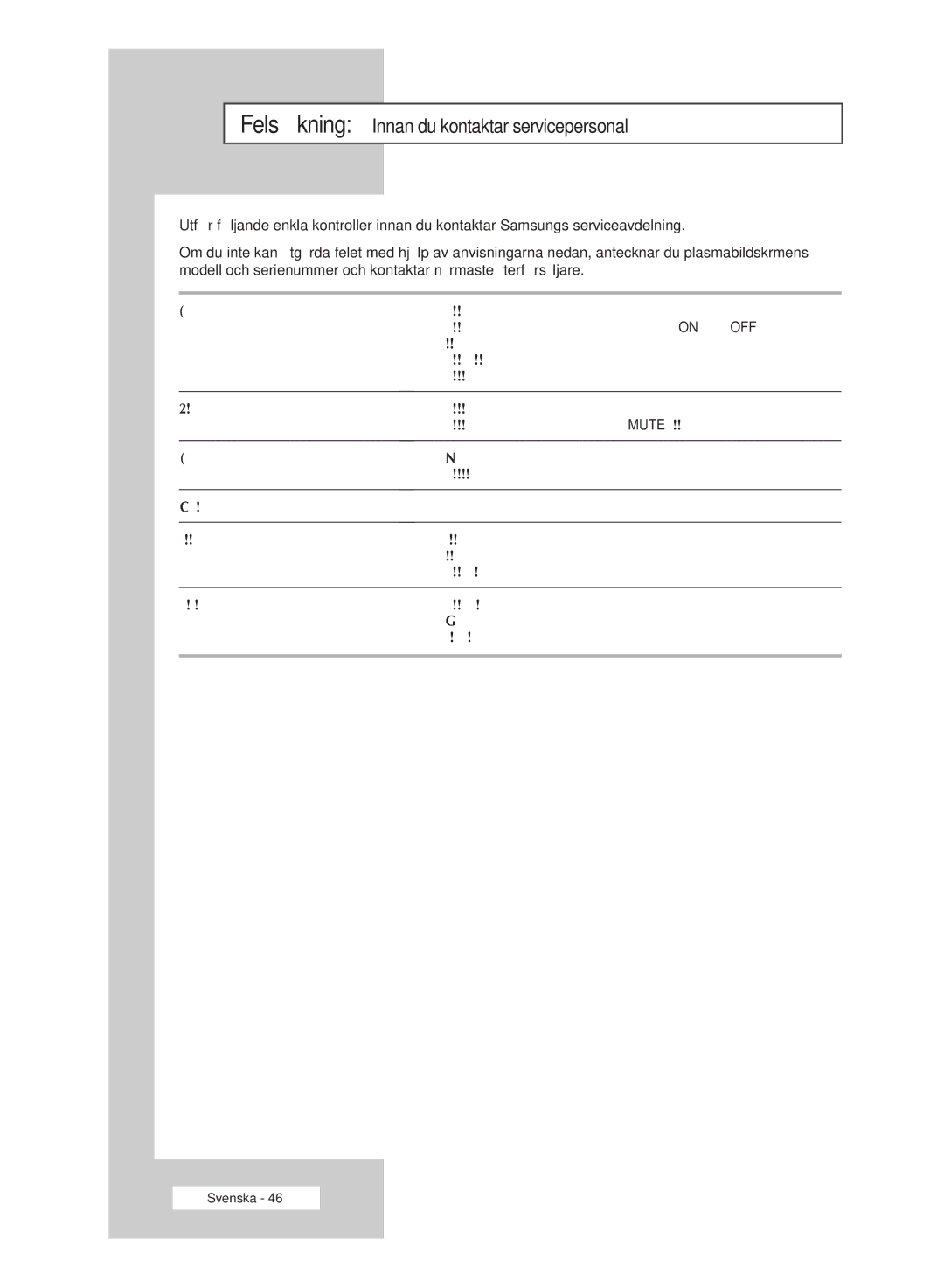 Samsung PPM42M6SSX/EDC manual Felsökning Innan du kontaktar servicepersonal 