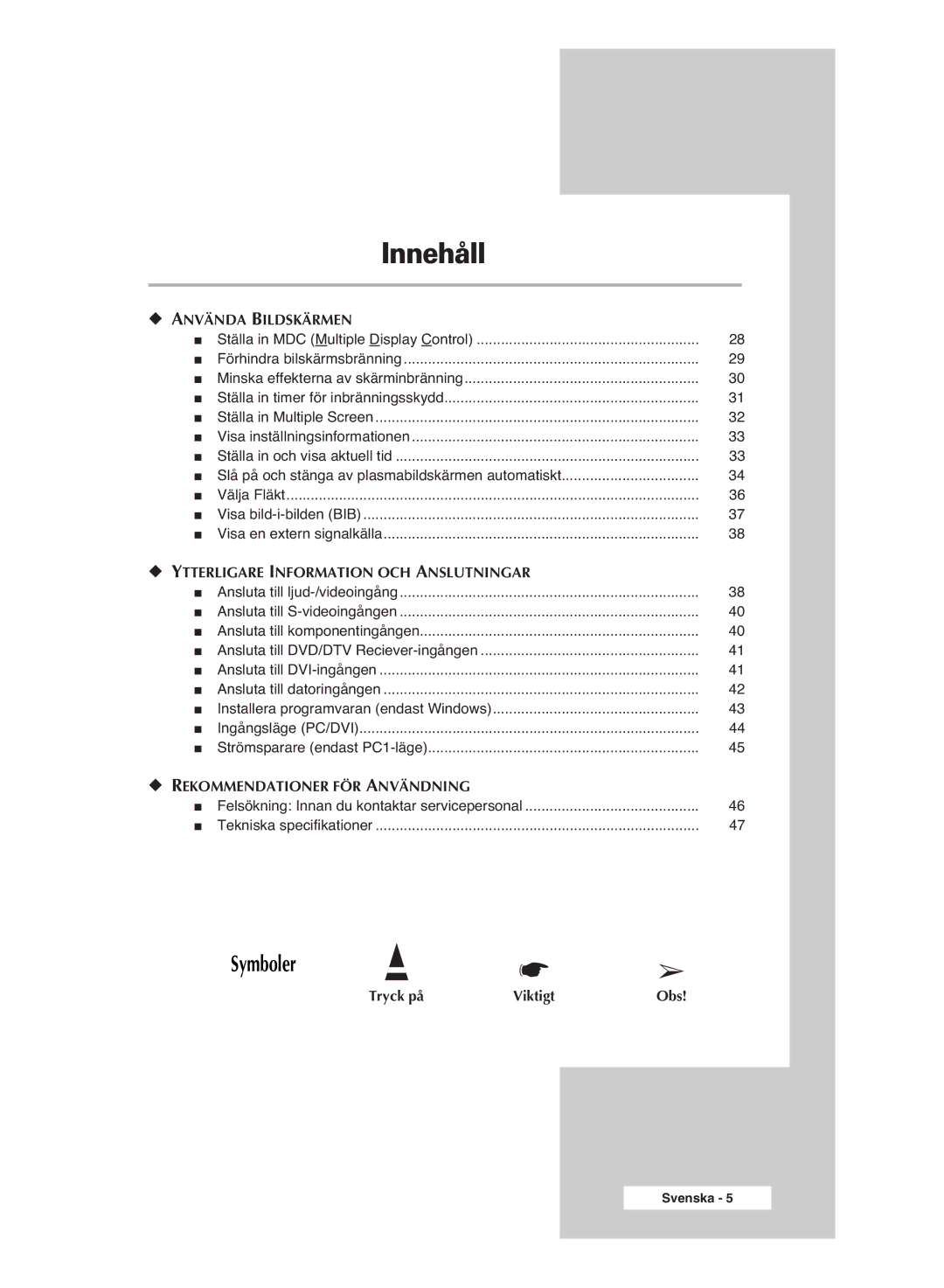 Samsung PPM42M6SSX/EDC manual Symboler 