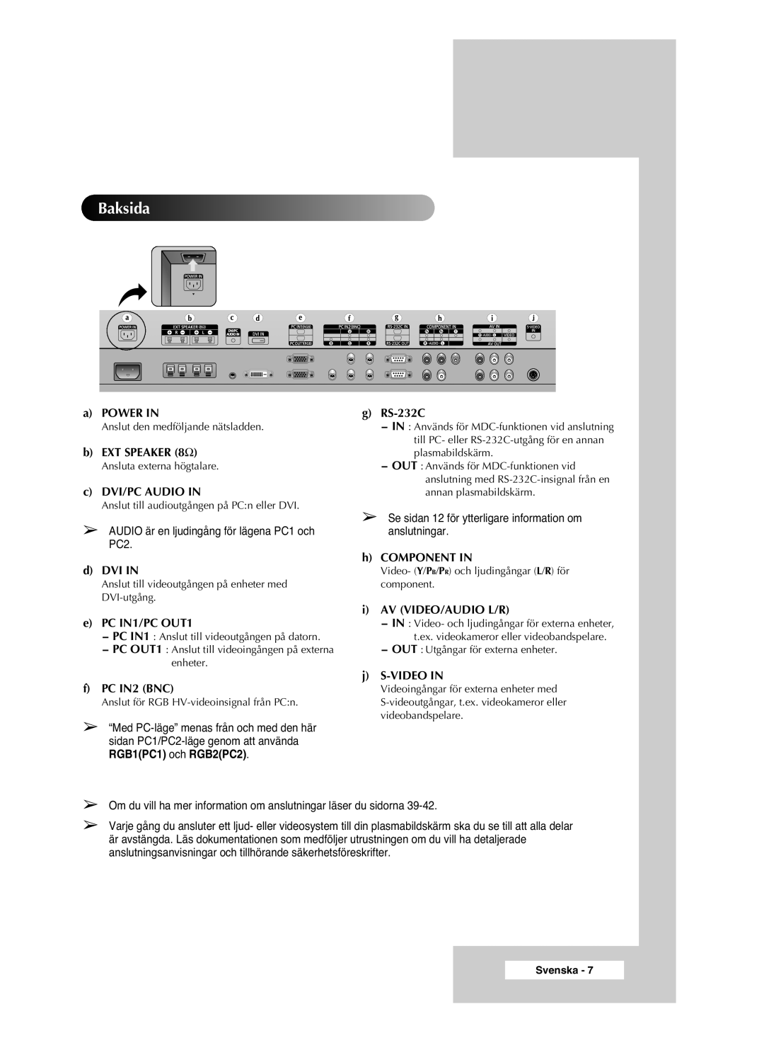 Samsung PPM42M6SSX/EDC manual Baksida, PC IN1/PC OUT1 