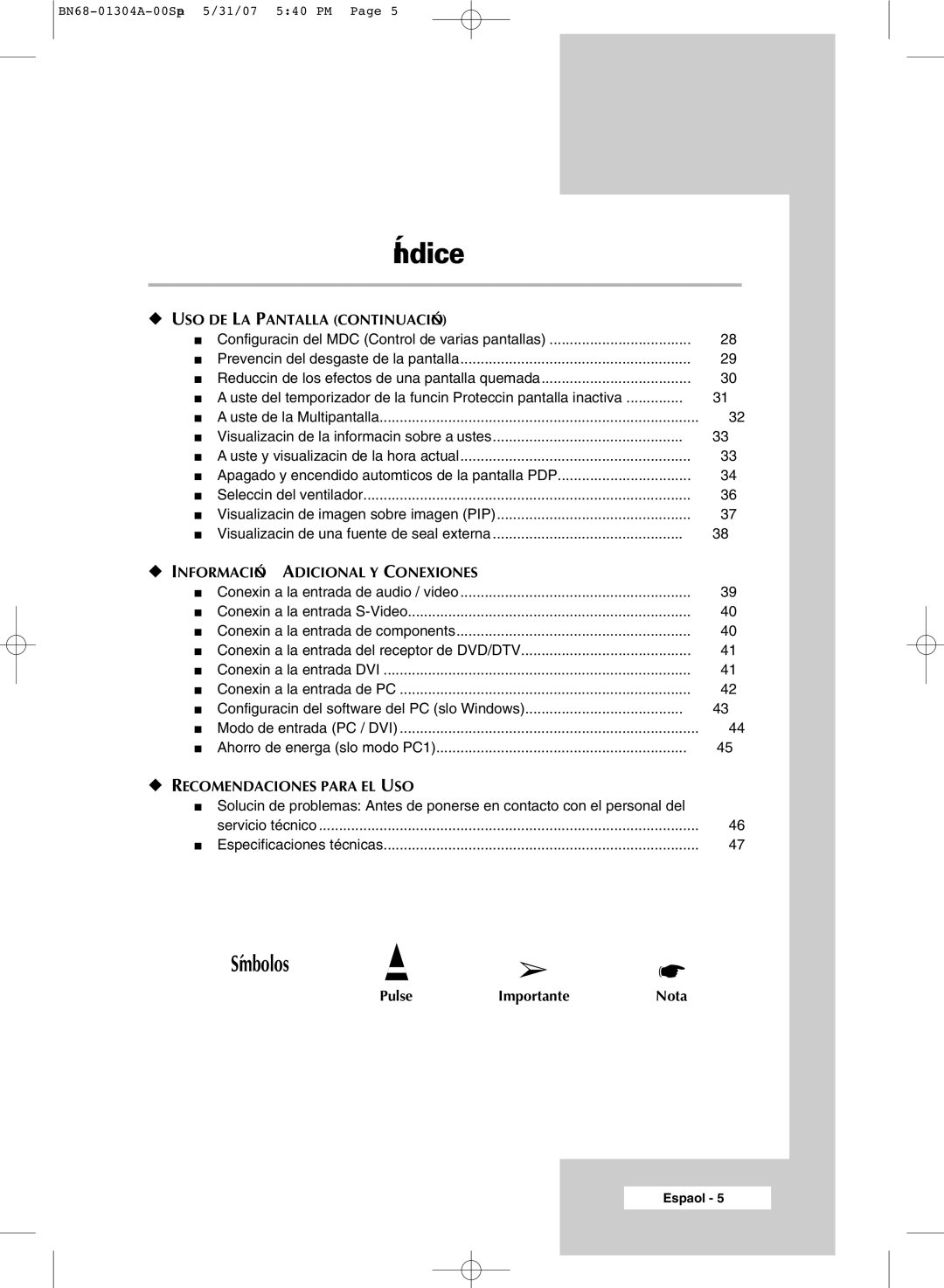 Samsung PPM50M7HBX/XSA, PPM42M7HBX/XSA, PPM42M7HSX/XBG manual Símbolos, USO DE LA Pantalla Continuación 