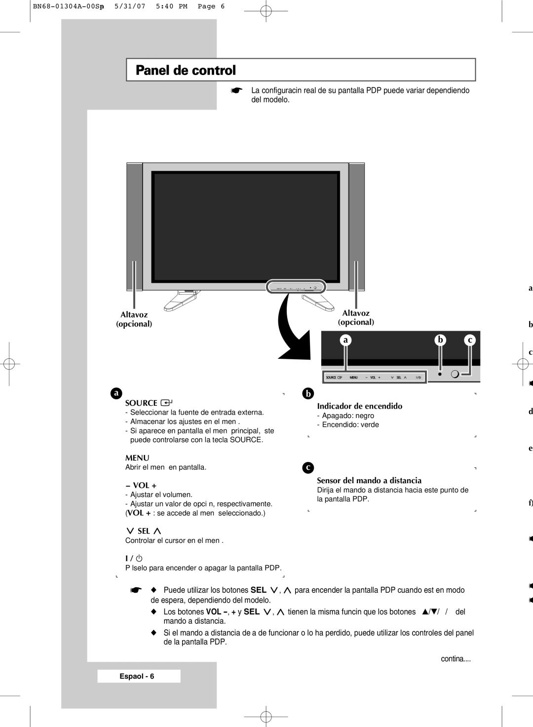 Samsung PPM42M7HSX/XBG, PPM42M7HBX/XSA, PPM50M7HBX/XSA manual Panel de control, Parte frontal de la pantalla PDP 