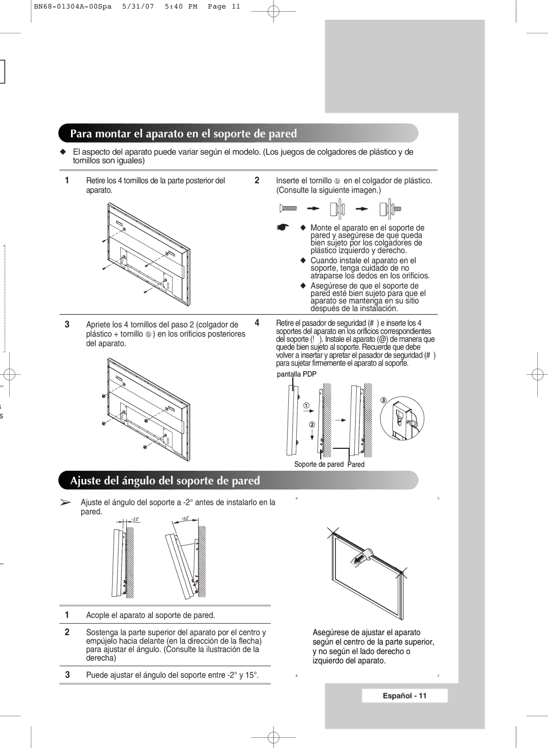 Samsung PPM50M7HBX/XSA manual Para montar el aparato en el soporte de pared, Ajuste del ángulo del soporte de pared 