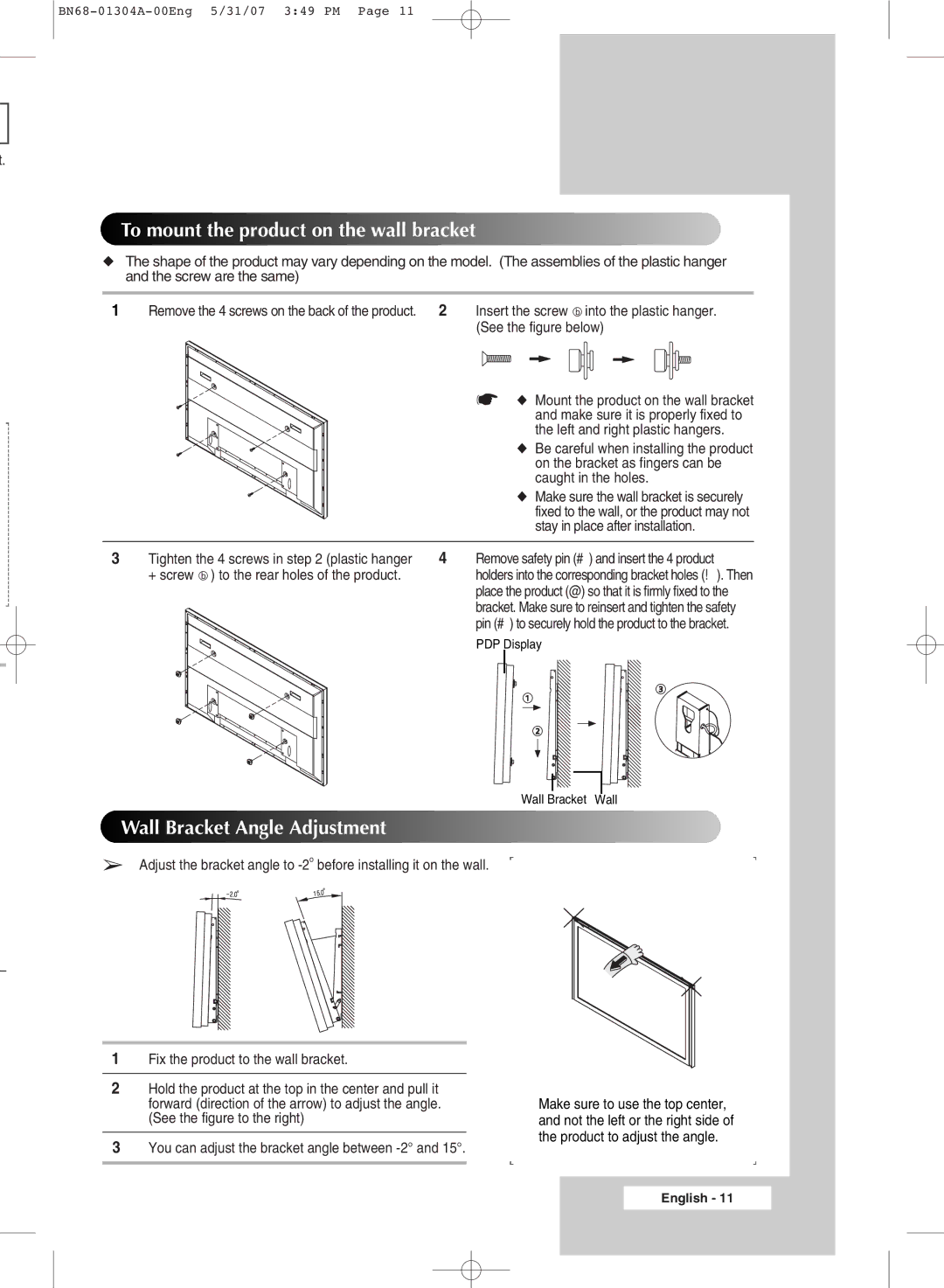 Samsung PPM42M7HSX/XBG, PPM42M7HBX/XSA manual To mount the product on the wall bracket, Wall Bracket Angle Adjustment 