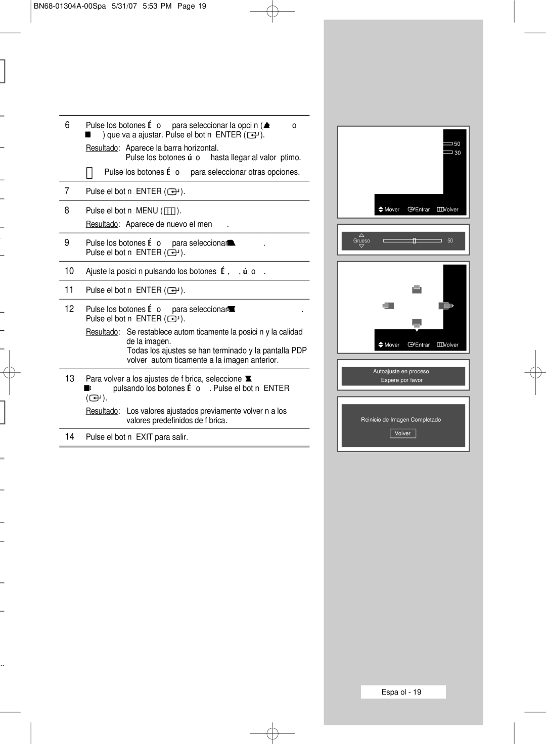 Samsung PPM42M7HBX/XSA, PPM50M7HBX/XSA, PPM42M7HSX/XBG manual Bloqueo de Imagen Grueso Fino Mover Entrar Volver 