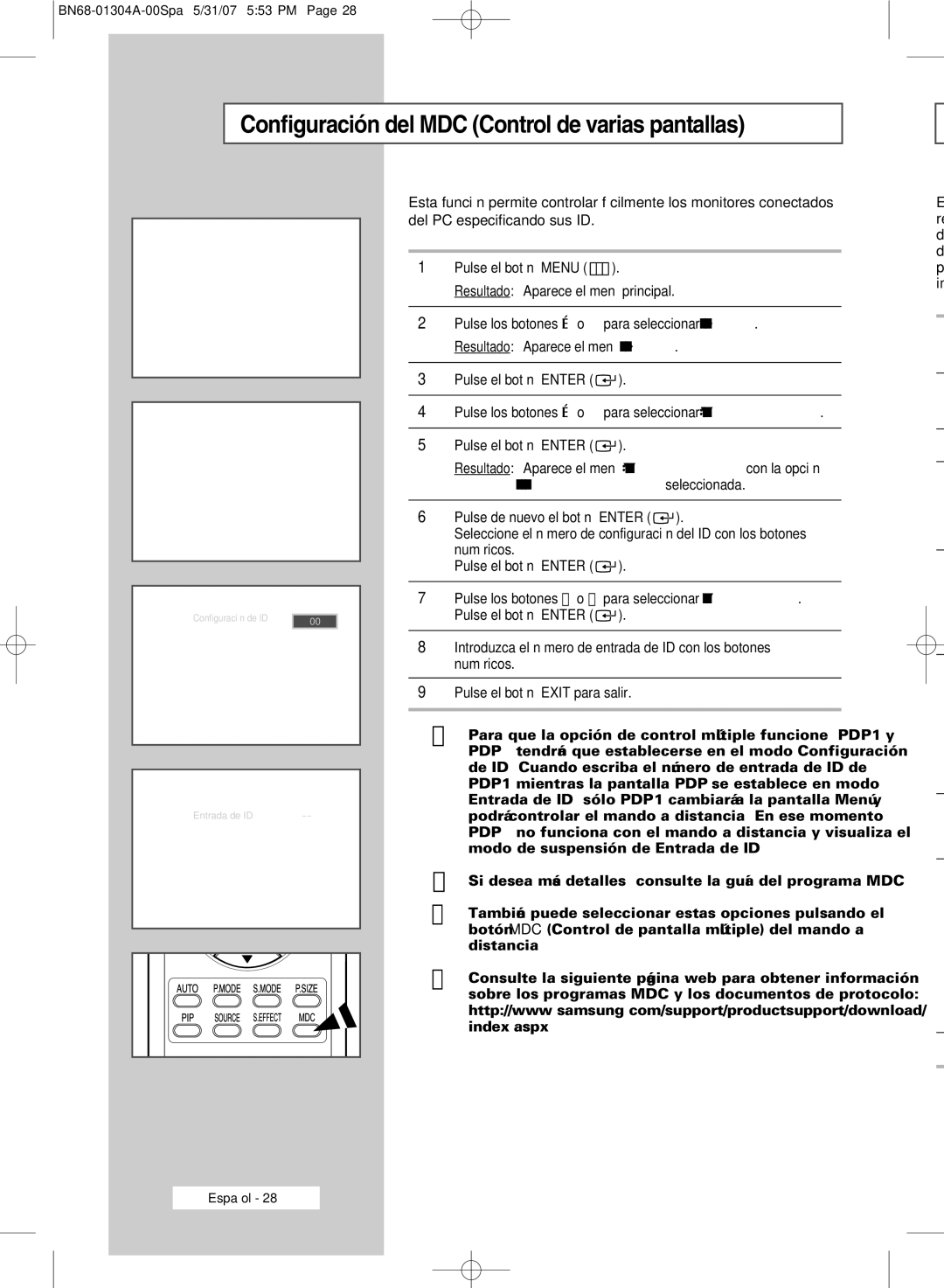 Samsung PPM42M7HBX/XSA, PPM50M7HBX/XSA Configuración del MDC Control de varias pantallas, Configuración de ID seleccionada 