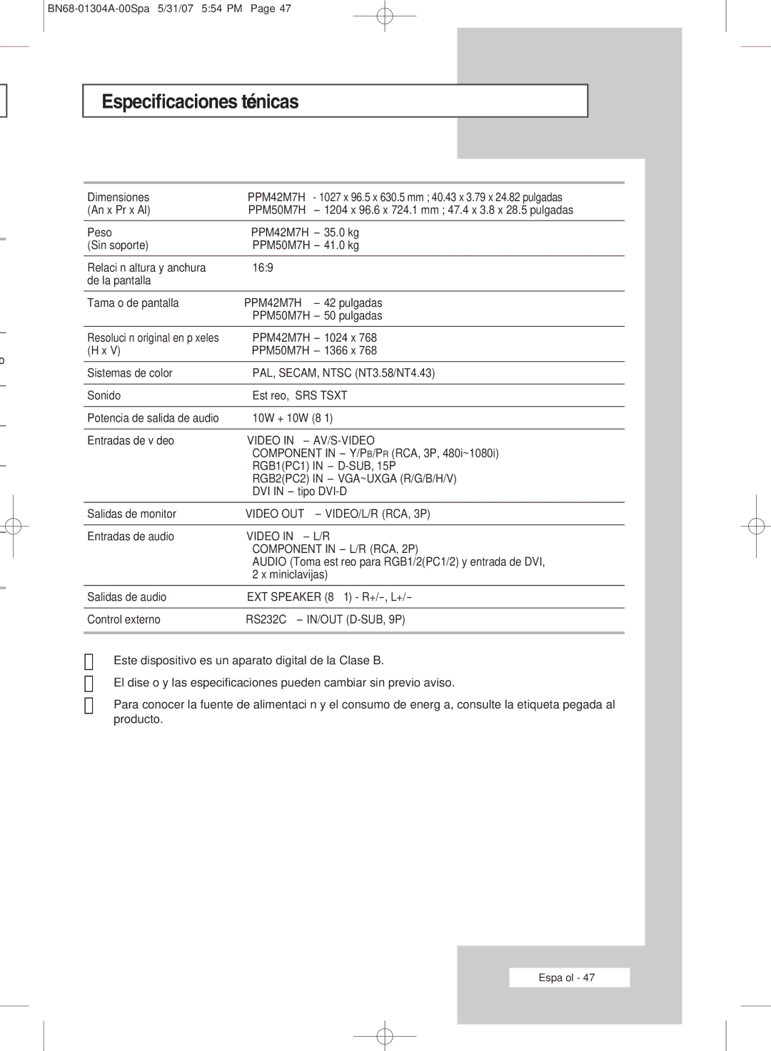 Samsung PPM50M7HBX/XSA, PPM42M7HBX/XSA, PPM42M7HSX/XBG manual Especificaciones técnicas 