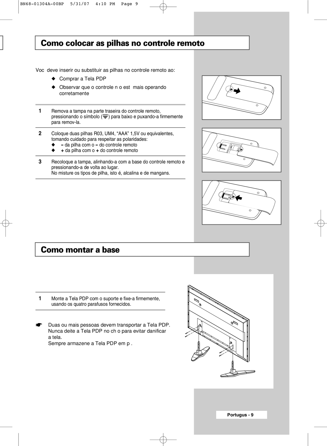 Samsung PPM42M7HSX/XBG, PPM42M7HBX/XSA, PPM50M7HBX/XSA manual Como colocar as pilhas no controle remoto, Como montar a base 