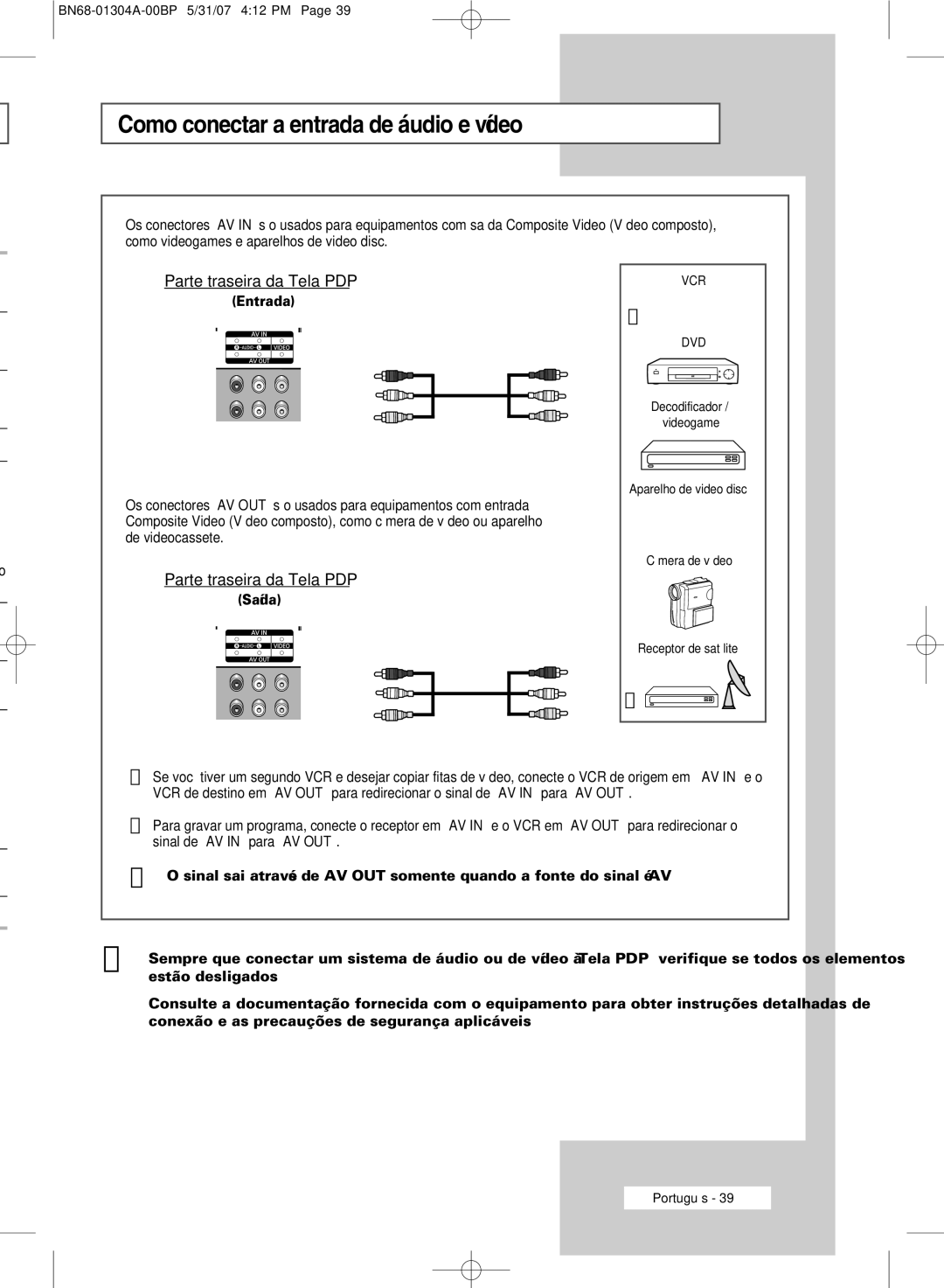 Samsung PPM42M7HSX/XBG, PPM42M7HBX/XSA, PPM50M7HBX/XSA Como conectar a entrada de áudio e vídeo, Parte traseira da Tela PDP 